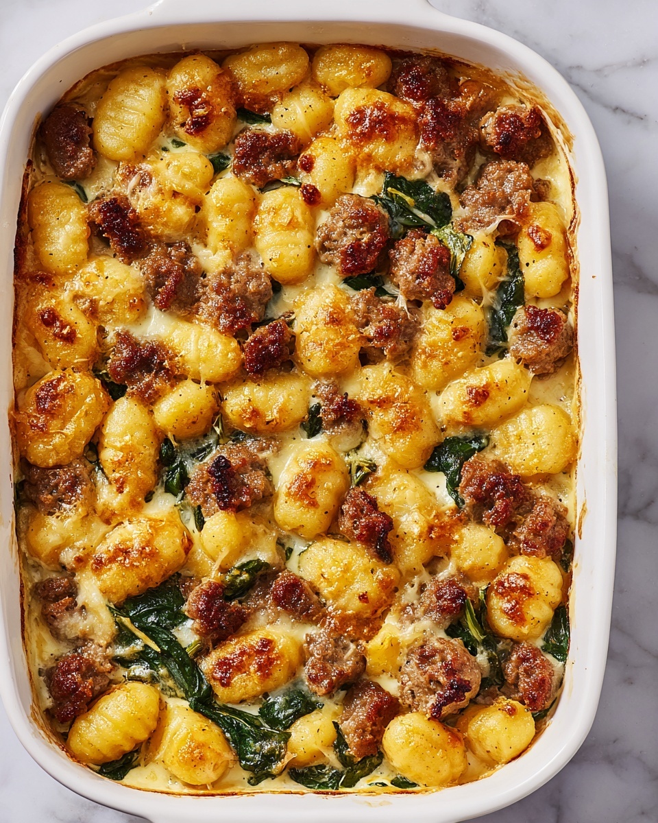 The dish shows a white baking dish filled with a baked gnocchi casserole that has about three visible layers: the bottom layer is a creamy sauce mixed with greens and browned bits, the middle layer contains browned sausage pieces scattered evenly, and the top layer is golden, crispy gnocchi that are puffed and slightly browned on the edges. There are some green herbs or spinach mixed throughout. A spoon scoops from the side, showing all layers together with the gnocchi on top, sausage, and creamy filling underneath. The dish is placed on a white marbled surface. Photo taken with an iphone --ar 4:5 --v 7