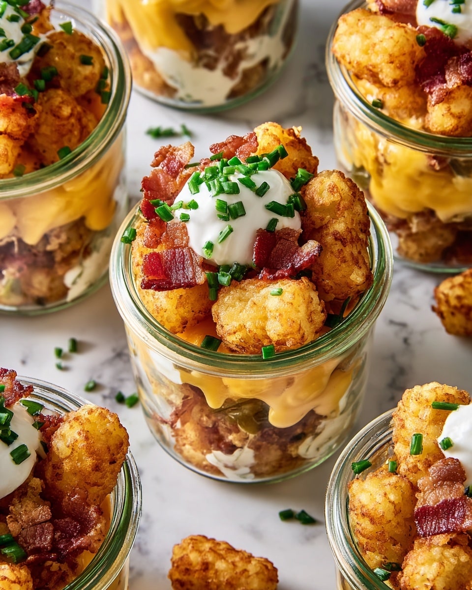 A clear glass jar filled with three visible layers of crispy golden tater tots mixed with bits of brown crispy bacon, each layer separated by drizzled white sour cream and a smooth, yellow cheese sauce that drips down the sides inside the jar. On top, two tater tots rest with a small dollop of white sour cream sprinkled with chopped green chives. Around the jar on the white marbled surface are scattered green chives and crumbs, with one tater tot resting nearby. photo taken with an iphone --ar 4:5 --v 7