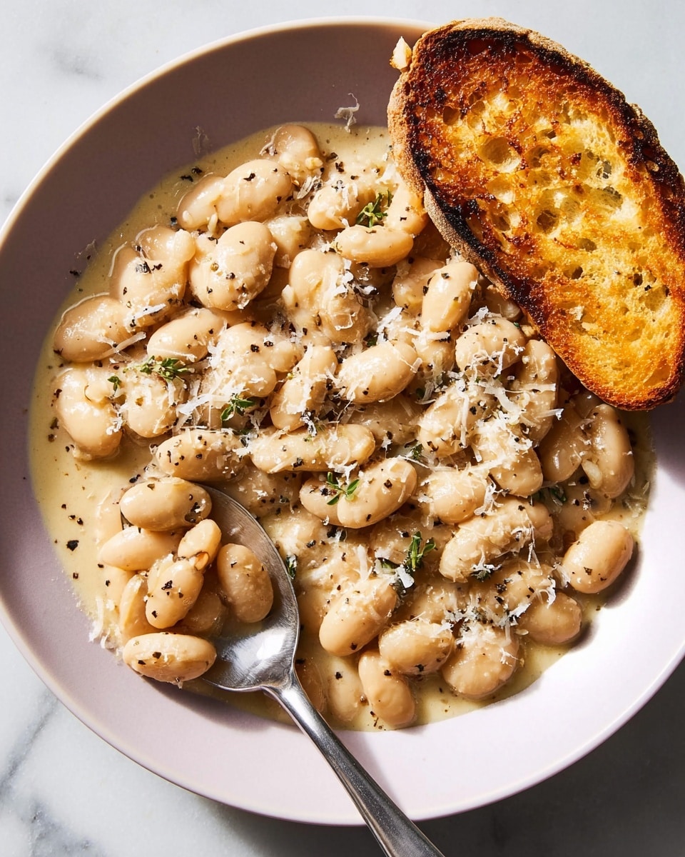 A white plate holds a creamy mixture of soft white beans, each bean coated in a smooth light beige sauce with visible tiny black pepper specks throughout. On top of the beans are small bits of finely grated cheese scattered unevenly. A single toasted bread slice with a crispy golden-brown crust rests at the upper right edge of the plate. A silver spoon lies partly in the beans at the lower left, scooping up a few beans covered in the sauce. The entire scene is set on a white marbled surface under soft natural light. photo taken with an iphone --ar 4:5 --v 7