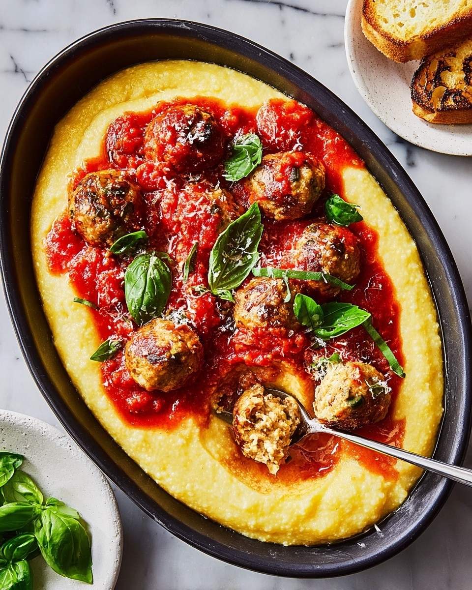 Two white plates hold creamy light yellow polenta spread flat as the base layer. On each plate, three brown meatballs sit on top of the polenta, covered partly with thick bright red tomato sauce sprinkled with white grated cheese and green basil leaves. Each plate also has a toasted slice of golden brown bread resting on the side of the polenta. A woman's hand holds a fork lifting one meatball from the plate on the left. Both plates are placed on a white marbled surface, along with a glass of light yellow beverage and a bowl with grated cheese nearby. Photo taken with an iphone --ar 4:5 --v 7