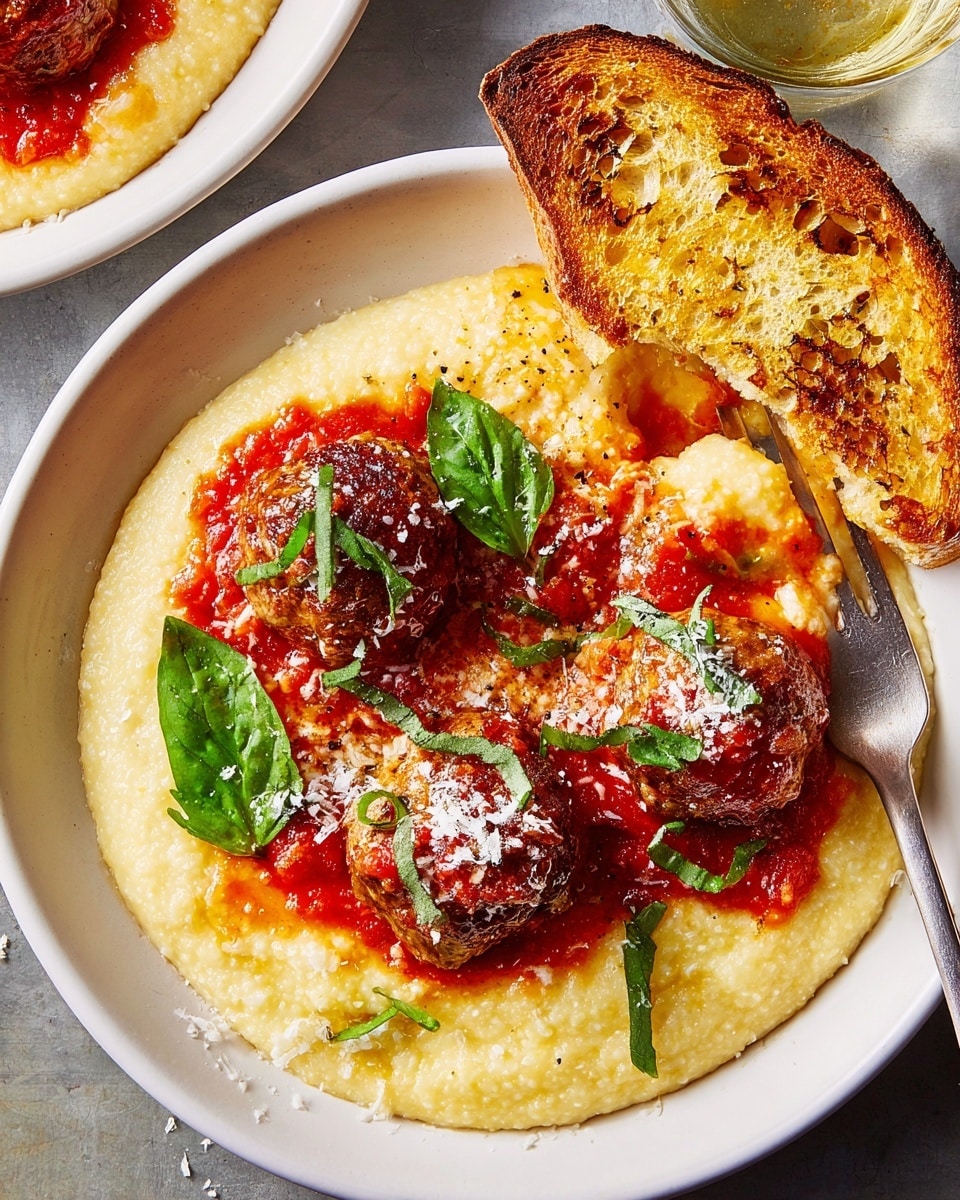 A black oval dish holds a base layer of smooth, creamy yellow polenta. On top, there is a layer of chunky red tomato sauce spread evenly across the polenta. Scattered over the sauce are round, golden-brown meatballs coated with more tomato sauce. Bright green basil leaves are placed sparingly on and around the meatballs, adding a fresh contrast. Some white grated cheese is sprinkled lightly over the entire dish. A silver spoon is resting inside the dish with a meatball pierced on it, showing the textured inside. The dish is set on a white marbled surface, with a small white plate of fresh basil leaves and a piece of toasted bread nearby. Photo taken with an iphone --ar 4:5 --v 7