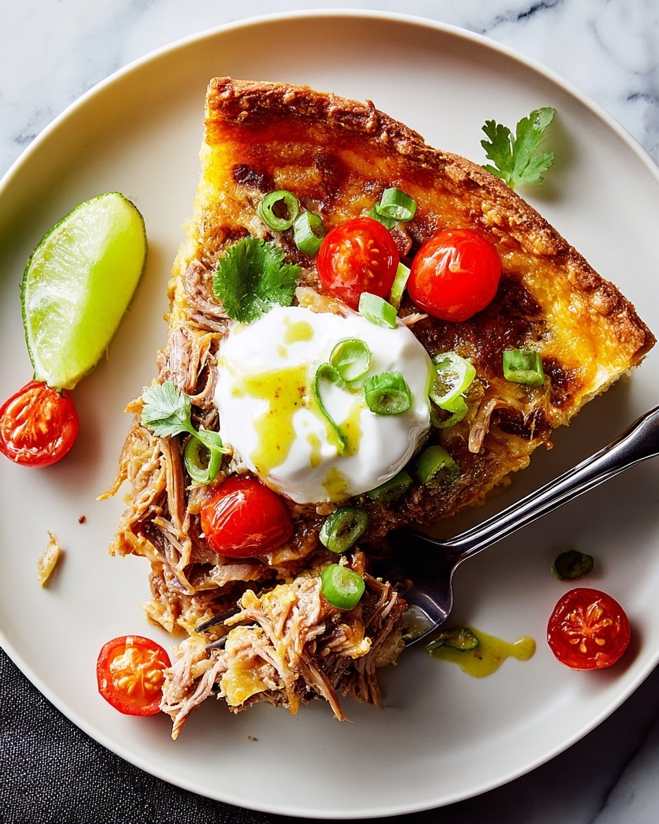 A slice of pizza with a thick, golden brown crust forms the base layer, topped with shredded meat in a light brown color that covers most of the slice. On this, small bright red cherry tomato halves and thin green onion rings are spread around, adding pops of color. Scattered green cilantro leaves provide freshness, while a dollop of white sour cream sits near the center with a small amount of yellow-green sauce drizzled on top. The slice rests on a white plate, placed on a white marbled surface, with a fork touching the bottom part of the slice and a lime wedge nearby. photo taken with an iphone --ar 4:5 --v 7