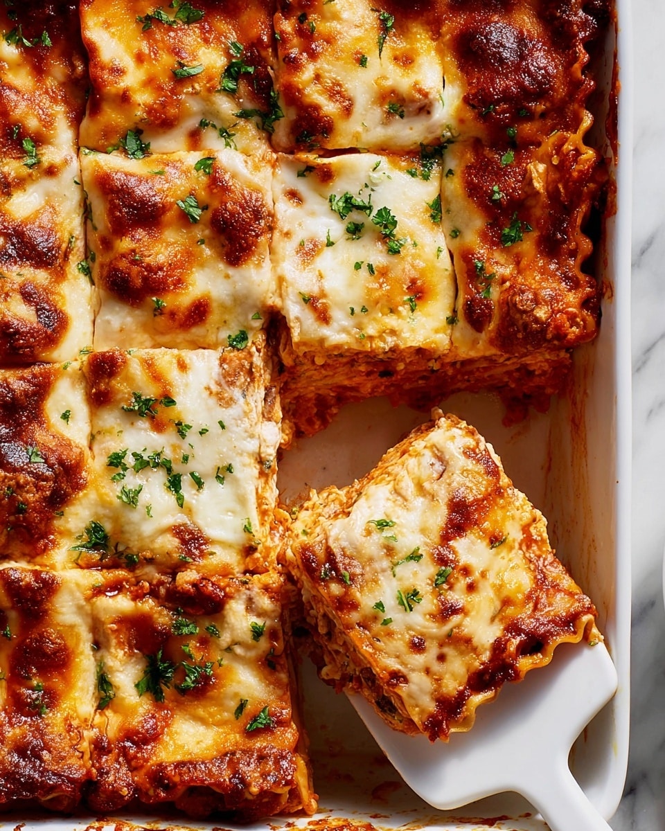 A white baking dish holds a multi-layered lasagna with about six visible layers, each showing golden melted cheese, rich red tomato sauce, and browned ground meat layers, separated by flat pasta sheets. The top is covered with bubbly, browned cheese with small green herb pieces sprinkled over it. A slice is being lifted by a white spatula, stretching melted cheese strings from the dish to the slice. The dish sits on a white marbled surface with some sauce drips on the side of the dish. photo taken with an iphone --ar 4:5 --v 7