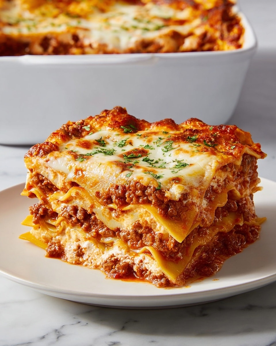 A white baking dish holds a freshly baked lasagna cut into square pieces. The top layer shows melted cheese that is golden brown with browned spots and a few green parsley bits scattered on it. One square piece is lifted slightly on a white spatula, revealing multiple layers beneath: a red tomato sauce layer, a creamy cheese layer, and pasta layers in between. The cheese looks soft and bubbly on top, with a slightly crisp edge around the dish. The dish sits on a white marbled surface. Photo taken with an iphone --ar 4:5 --v 7