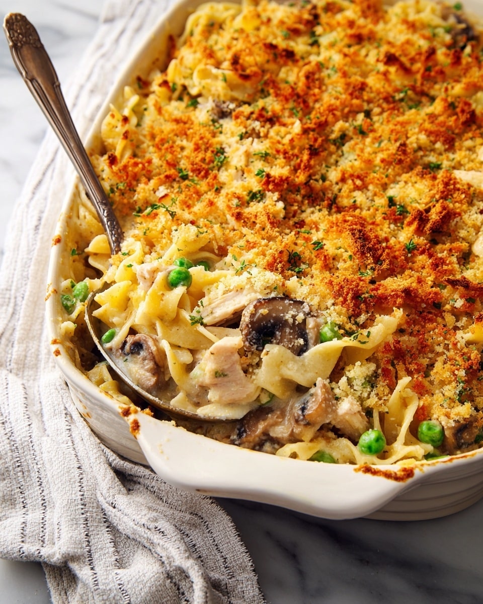A white ceramic baking dish filled with a noodle casserole is shown from above, revealing two main layers. The bottom layer consists of wide, pale yellow noodles mixed with light brown sliced mushrooms and bright green peas, all coated in a slightly creamy sauce. The top layer is a thick, golden-brown breadcrumb crust that looks crunchy and toasted in some spots. A wooden spoon rests inside the dish on the right side, partially covered by the breadcrumb topping. The dish sits on a white marbled surface with a bit of a gray cloth visible in the top left corner. photo taken with an iphone --ar 4:5 --v 7