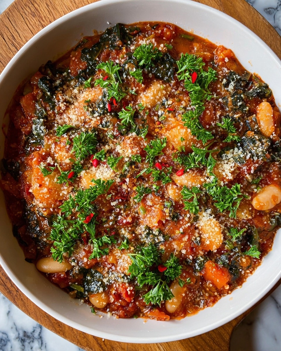 The image shows a deep white bowl filled with a rich stew that has many layers and colors. The base layer is thick with red tomato sauce mixed with orange chunks of vegetables like carrots, and darker green leafy vegetables scattered throughout. White beans add a creamy texture, while the top is sprinkled generously with grated cheese giving a light yellow touch. Bright green fresh parsley leaves are spread evenly over the stew, adding freshness and contrast. Small red chili flakes are scattered on top, adding a sense of spice. The bowl rests on a wooden board, with a white marbled surface beneath. Photo taken with an iphone --ar 4:5 --v 7