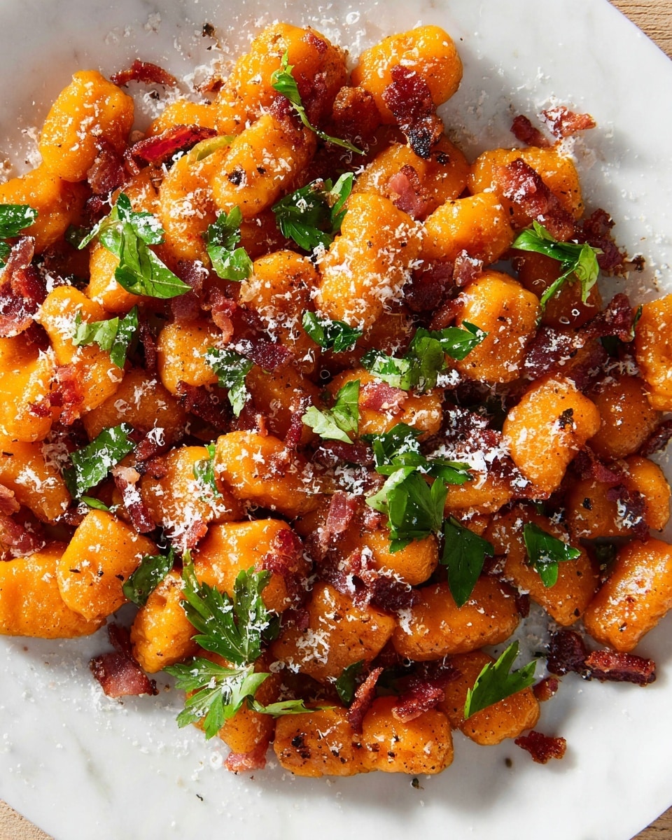 The dish shows a close-up of many pieces of orange-colored gnocchi with a slightly rough texture, mixed with small crispy chunks of bacon that have a reddish-brown color. Scattered across the gnocchi and bacon are fresh, bright green parsley leaves that add a pop of color. The gnocchi and bacon are lightly sprinkled with grated white cheese, adding a fine, powdery texture on top. The whole scene is on a white marbled surface, making the colors of the food stand out. photo taken with an iphone --ar 4:5 --v 7
