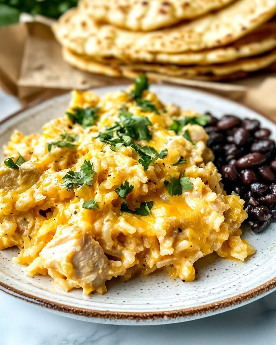 The image shows a white plate with a patterned rim filled with a creamy yellow dish that looks like a cheesy chicken and rice casserole mixed with small herbs. On the right side of the plate, next to the casserole, there is a small portion of black beans with a shiny, wet texture. Behind the plate, there are several light golden, soft flatbreads stacked on brown paper. The plate is set on a white marbled surface, and a metal fork rests near the beans. The lighting highlights the creamy texture and browned bits of the casserole, making it look warm and fresh. photo taken with an iphone --ar 4:5 --v 6.1