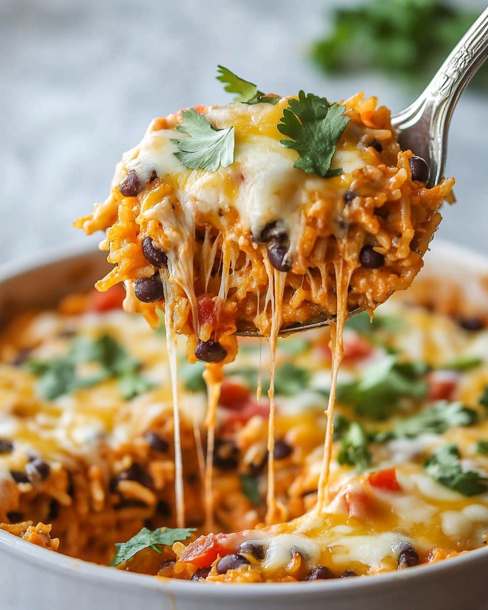 A round metal pan shows a cheesy casserole with at least three visible layers: the base layer is a mix of rice and browned ground meat with small bits of red tomato and black beans spread evenly; the second layer is melted white and yellow cheese covering the entire surface, creating a creamy texture with small pockets of brown from baked cheese; scattered black beans and red tomato pieces are visible on top of the cheese; the dish is garnished with fresh green cilantro leaves in the center. The pan sits on a blue-striped cloth on a white marbled surface, with a large spoon next to it. Photo taken with an iphone --ar 4:5 --v 6.1