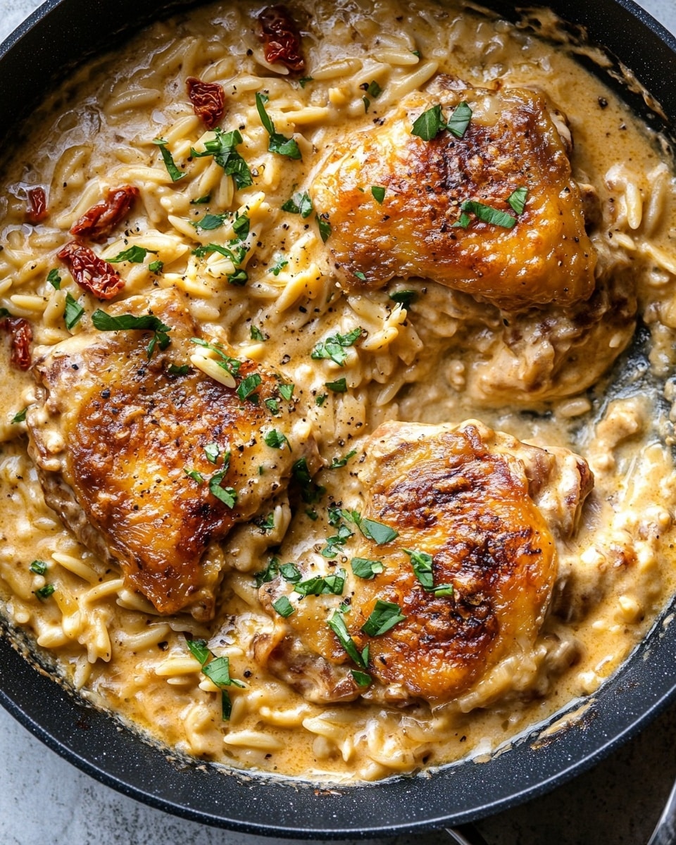 A dark black pan filled with several pieces of cooked chicken, each piece covered in a thick creamy sauce that is light tan with visible herbs and melted cheese on top. The sauce has small bits of darker sun-dried tomatoes mixed in, and fresh green herb leaves scattered across the dish for color. A silver spoon and fork rest in the pan, partially submerged in the sauce with bits of chicken on them. The background is a white marbled texture with a light plate holding slices of bread and a glass of water visible at the top edge. Photo taken with an iphone --ar 4:5 --v 6.1