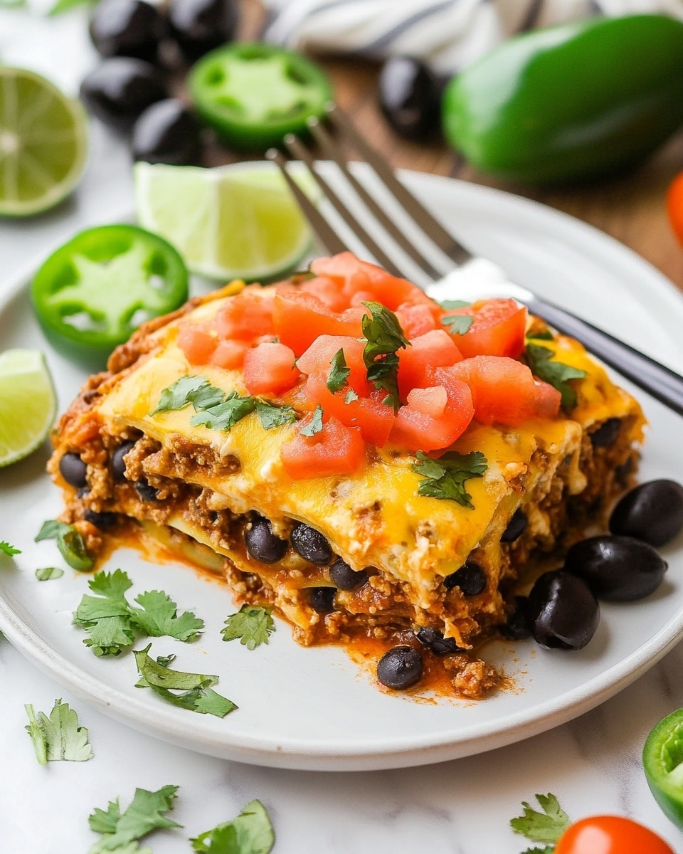 A white baking dish with blue handles holds a six-piece layered casserole. The bottom layer is a light orange sauce mixed with beans, topped with cooked brown ground meat scattered evenly. Above this is a layer of creamy melted yellow and white cheese covering the whole dish with black beans dotted across. On top, fresh green herbs are sprinkled all over, adding color contrast. The casserole pieces are clearly cut into squares with one piece slightly lifted at the top left corner, showing thick layers inside. The dish sits on a white marbled surface with some green lime slices and a glass bowl with yellow contents nearby photo taken with an iphone --ar 4:5 --v 6.1
