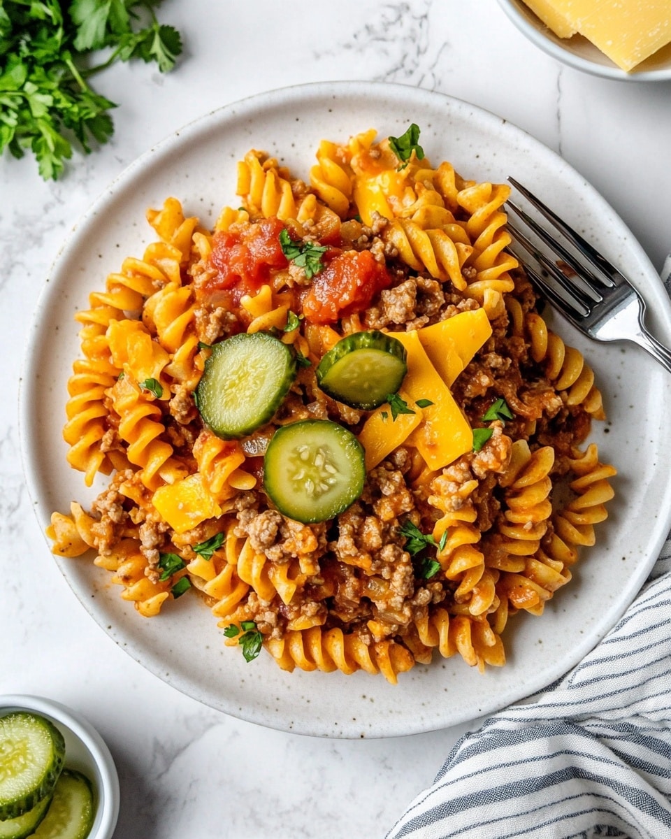 The image shows a close-up of a white plate with ridged edges holding a colorful serving of spiral pasta mixed with browned pieces of ground meat, small green pickle cubes, and diced tomato pieces, all coated in a thick orange-yellow melted cheese sauce. Fresh green herb leaves are sprinkled on top, adding brightness to the dish. A silver fork rests partly in the pasta near the back right edge of the plate. The plate sits on a white marbled surface, with a glass of water and a white bowl of green herbs blurred in the background. Photo taken with an iphone --ar 4:5 --v 6.1