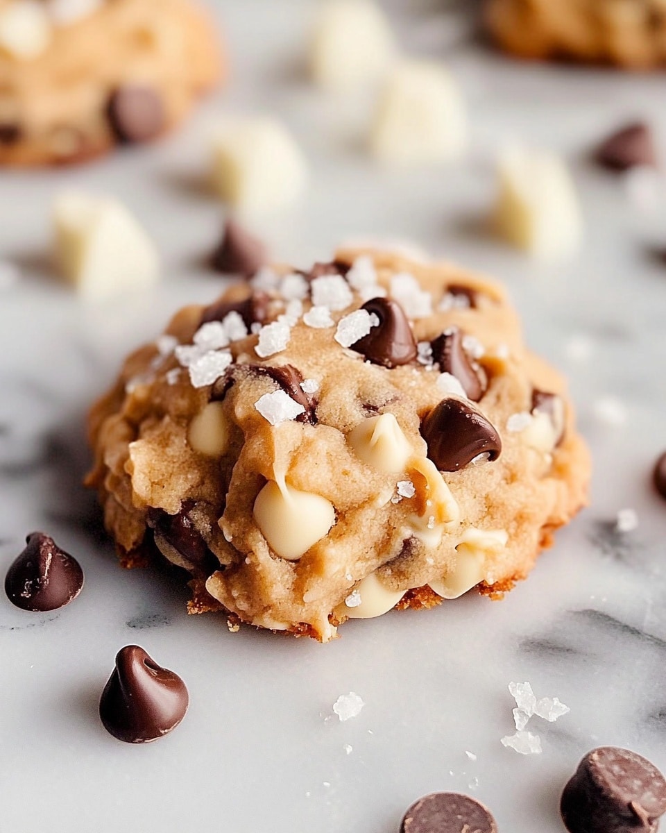 A small mound-shaped cookie with a creamy light brown base that looks soft and slightly textured, topped with dark brown chocolate chips scattered unevenly on the surface. The cookie has some visible chunks inside that add to its thickness and bumpy appearance. Around the base, there are flakes of white salt scattered on a white marbled surface. Extra chocolate chips and white chocolate chips lie nearby, softly blurred in the background. Photo taken with an iphone --ar 4:5 --v 6.1