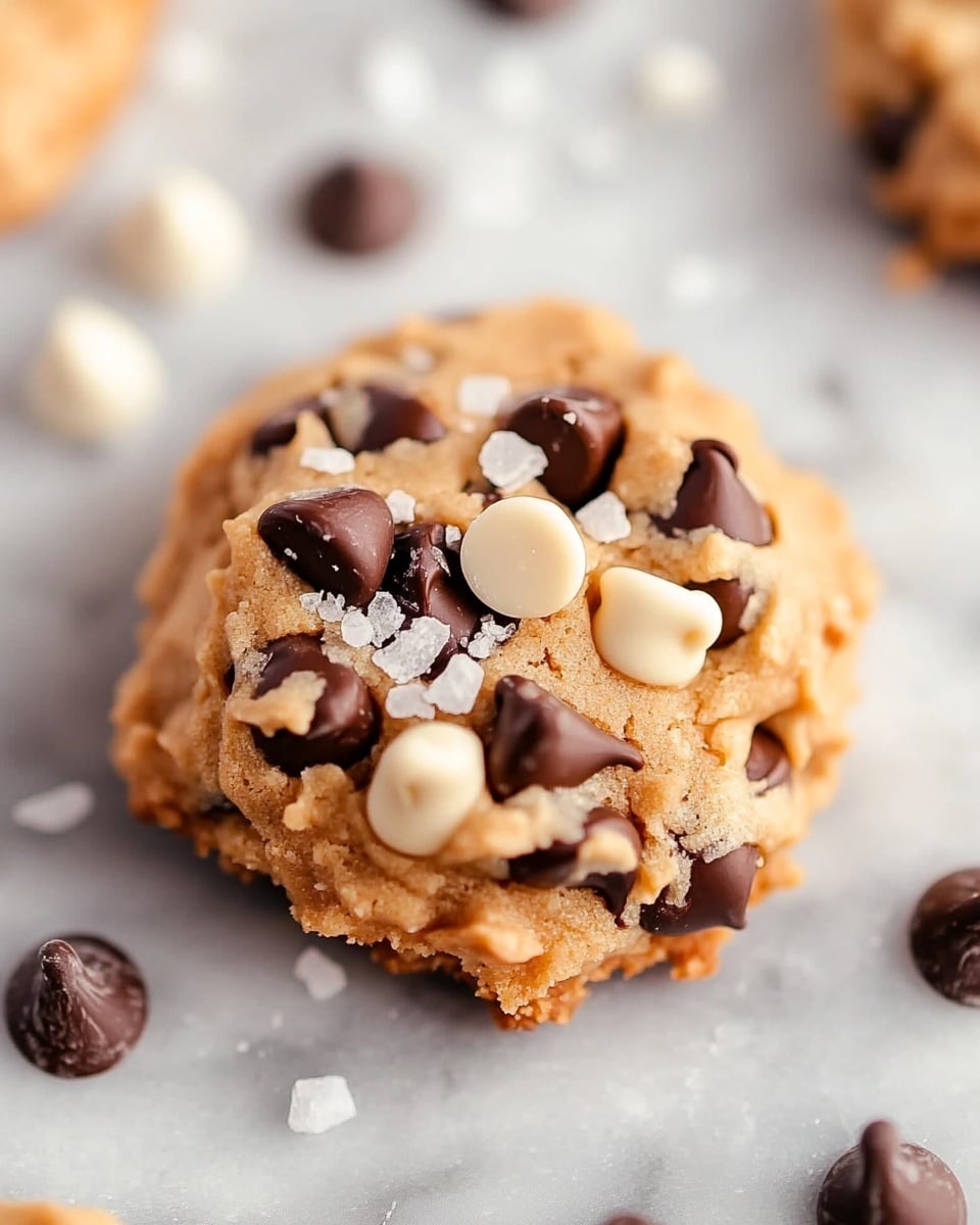 The image shows a close-up of several dollops of creamy peanut butter cookie dough on a white marbled surface. Each dollop is chunky and light brown in color with a smooth yet textured look, topped generously with small, dark chocolate chips. Scattered around the dough are loose dark and white chocolate chips, adding contrast with their deep brown and bright white colors. The overall effect is soft, inviting, and rich, with the chocolate chips providing a crunchy detail on top and around the cookie dough. Photo taken with an iphone --ar 4:5 --v 6.1