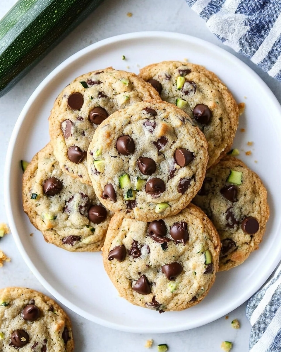This image shows a white metal baking tray with eleven round, golden-brown cookies arranged loosely on it. Each cookie is studded with dark brown chocolate chips and has small green flecks visible, suggesting an ingredient like zucchini. The cookies have a slightly rough and soft texture with a few sparkling sugar crystals on top. The tray rests on a white marbled surface, and part of a blue and white striped cloth is visible at the bottom left corner. photo taken with an iphone --ar 4:5 --v 6.1