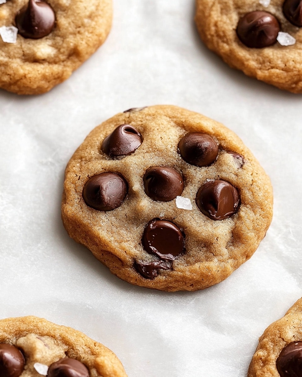 The image shows three soft chocolate chip cookies on crinkled white parchment paper placed on a white marbled surface. Each cookie is round with a light golden-brown dough base that looks slightly thick and fluffy. The top layer of the cookies is studded with large, dark brown chocolate chips that are shiny and slightly melted. Some of the chips are smooth and flat while others have a small rounded peak of melted chocolate. Flaky bits of white sea salt are scattered over the cookies, adding texture and contrast. The overall look is fresh, warm, and inviting. Photo taken with an iphone --ar 4:5 --v 6.1