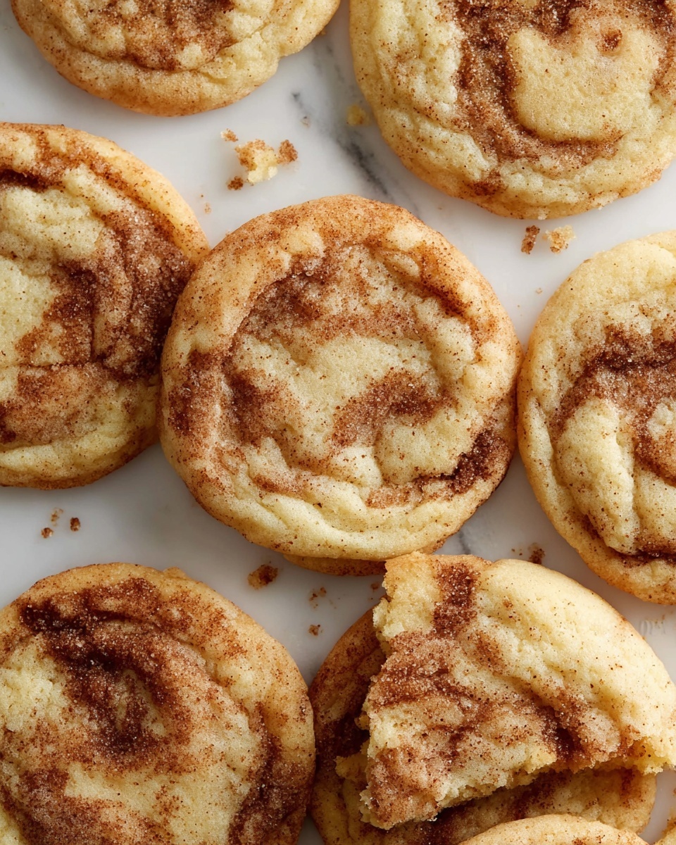 A close-up view of a single round cookie with a light golden brown base and swirls of darker brown cinnamon spread unevenly across the top, giving it a marbled effect. The cookie surface appears soft and slightly textured with a gentle dome shape, resting flat on a white marbled surface. The edges are slightly crisp and unevenly browned, showing a subtle contrast to the lighter center. A partially visible torn cookie pieces surround the main cookie, enhancing the warm, freshly baked feel. Photo taken with an iphone --ar 4:5 --v 7