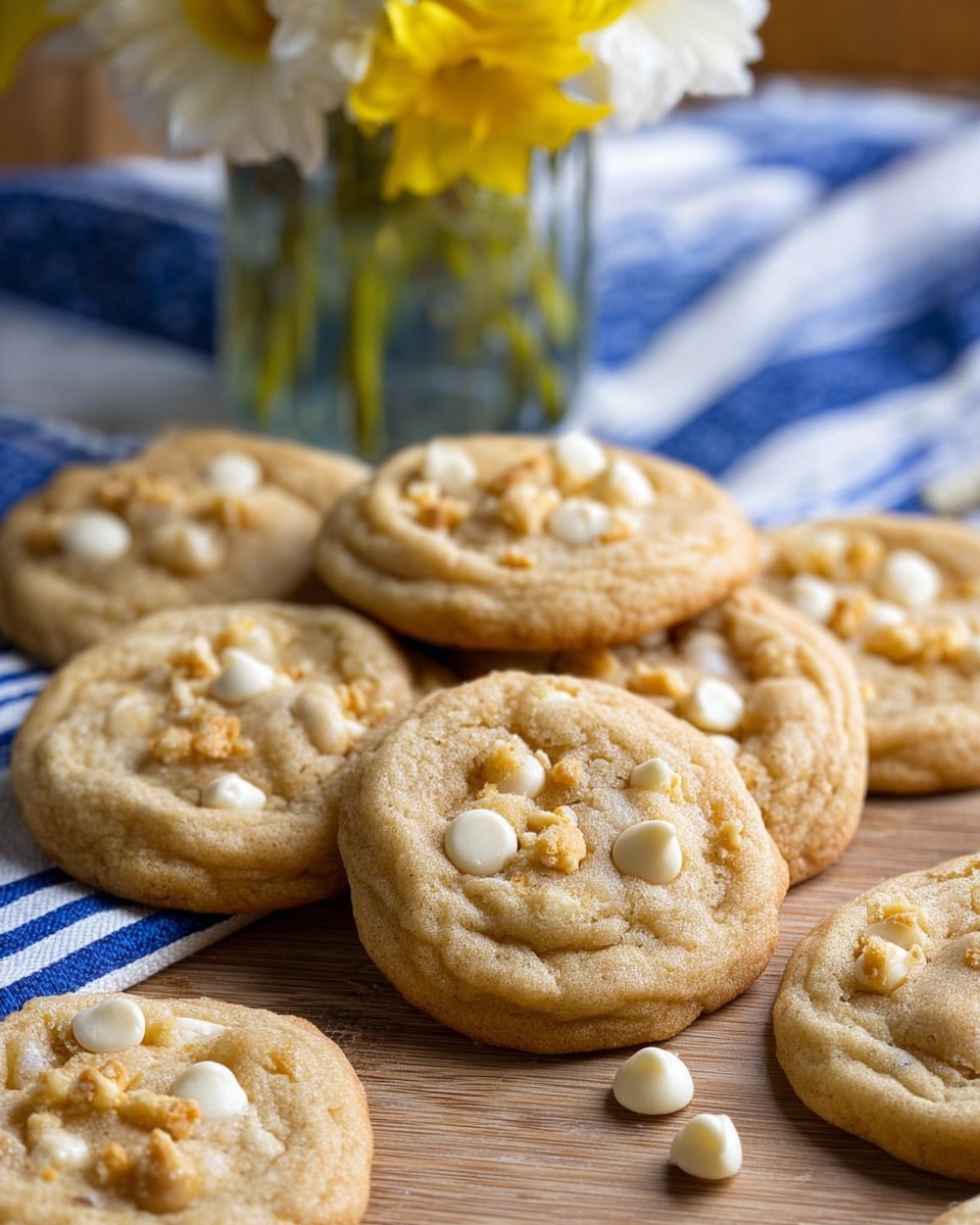 A group of nine soft cookies with a light golden brown color are spread over a wooden surface with a blue and white striped cloth partially visible in the background. Each cookie has visible white chocolate chips and small crunchy golden pieces sprinkled on top, creating a mix of smooth and textured elements. The cookies appear thick and slightly puffy with soft edges. In the background, there is a blurry glass jar filled with yellow and white flowers. Photo taken with an iphone --ar 4:5 --v 7