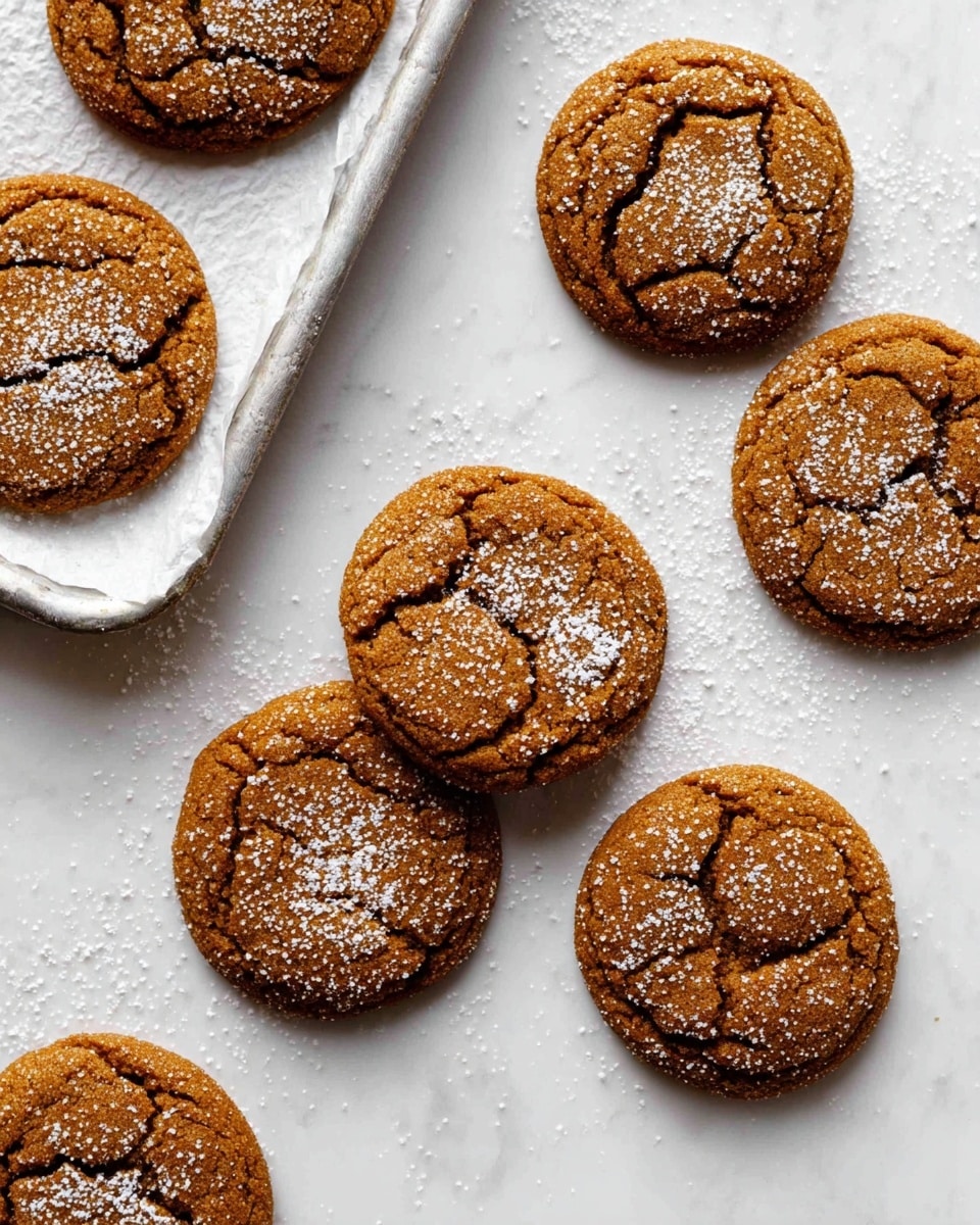 A group of ten round, soft ginger cookies with cracked tops lightly dusted with white powdered sugar are scattered on a white marbled surface. Four of them are close together in the center right, three spread out a bit more on the left, and three are partially visible at the edges of the image. In the top left corner, three cookies are on a white, parchment-lined metal baking tray. The cookies have a warm, brown color with a texture that looks soft and chewier inside with a slightly crisp outside. photo taken with an iphone --ar 4:5 --v 7