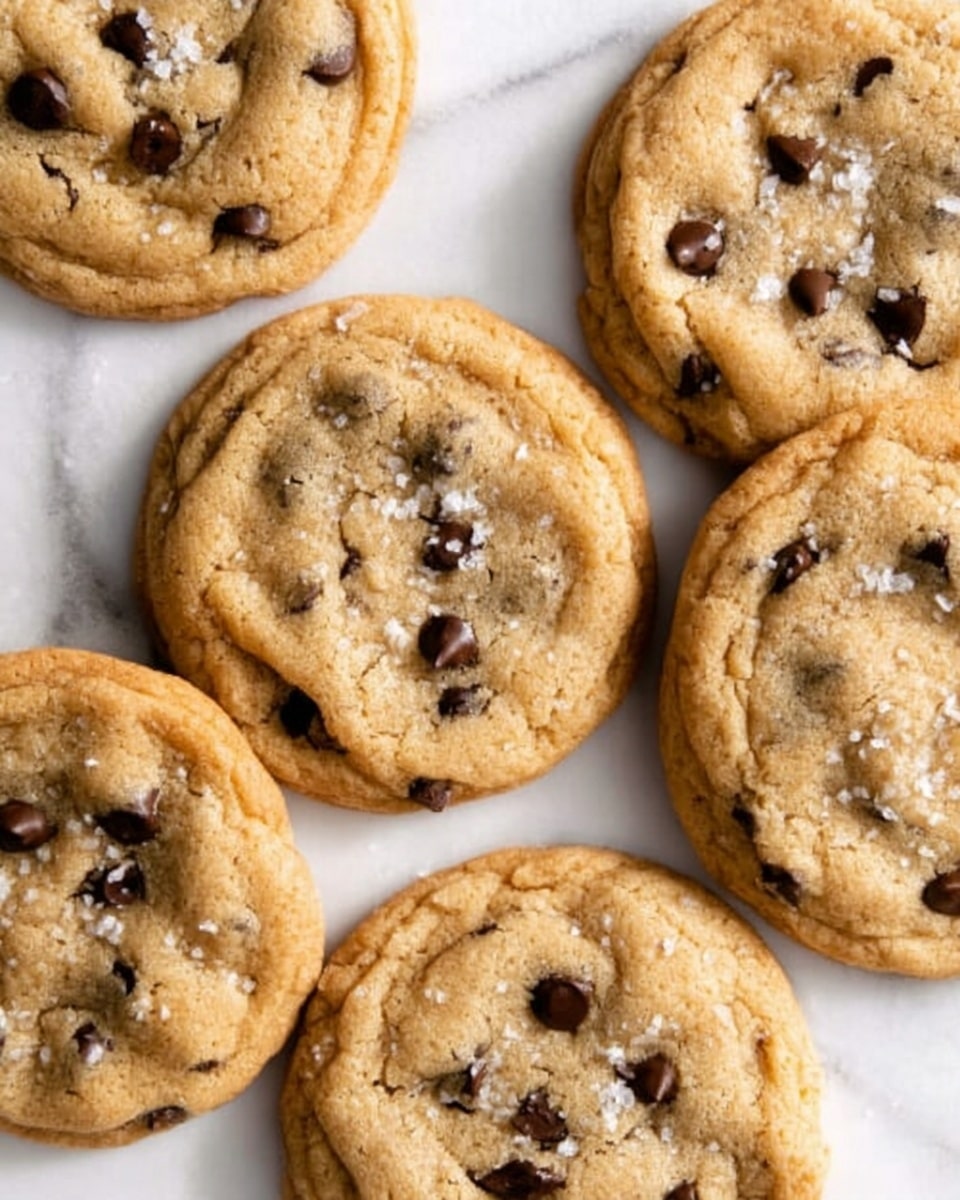 A stack of seven round, golden brown chocolate chip cookies is centered on crinkled white parchment paper, with the top cookie having a bite taken out of it, showing a soft, slightly crumbly inside with dark chocolate chips. Surrounding the stack are more cookies lying flat, all with a similar golden color and scattered dark chocolate chips. In the background, there are two clear glass jars filled with milk, blurred softly. The whole composition sits on a white marbled surface. photo taken with an iphone --ar 4:5 --v 7