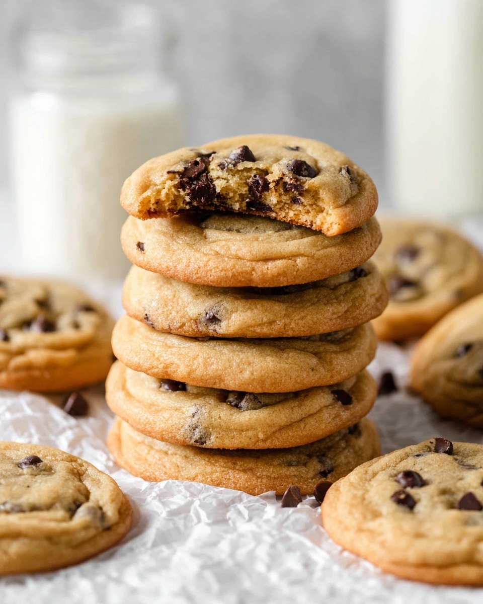 A close-up view of a stack of round, golden-brown chocolate chip cookies arranged closely together on crumpled white paper, each cookie showing a soft and slightly raised texture with numerous small, dark brown chocolate chips spread throughout. The cookies have a light sprinkling of coarse salt on top, highlighting the texture and edges. The background features a white marbled surface, adding a clean and simple feel to the image. Photo taken with an iphone --ar 4:5 --v 7