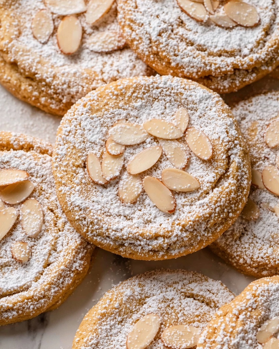 The image shows a close-up of several round cookies with a light brown color and a soft texture. One cookie is stacked in the center, broken into three layers, revealing a slightly crumbly interior with scattered almond slices inside. All cookies are topped with thin, pale almond slices and a light dusting of white powdered sugar. The cookies are placed on a white marbled surface with some almond slices scattered around. Photo taken with an iphone --ar 4:5 --v 7