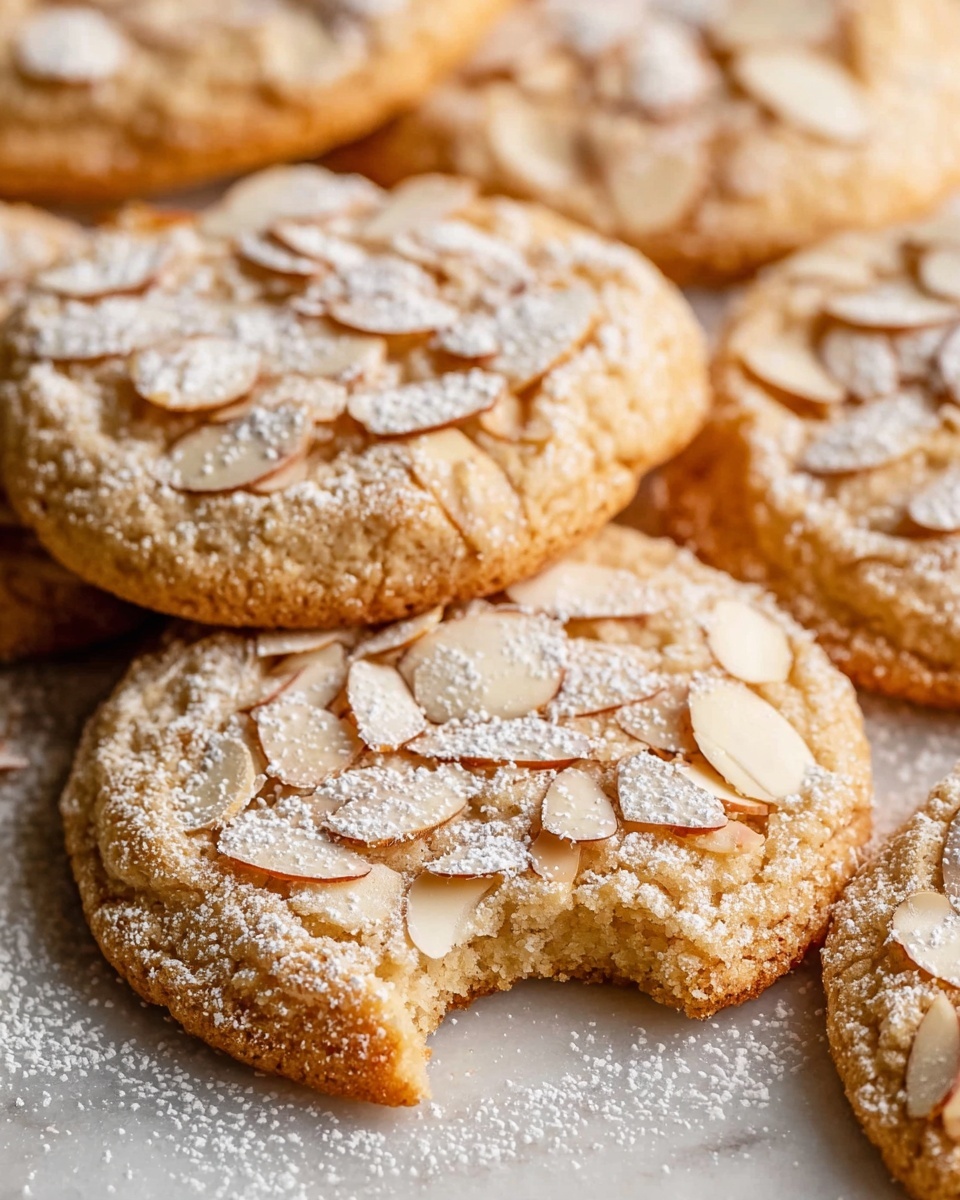 A close-up view of several round cookies piled on a white marbled surface, each cookie topped with a thin layer of sliced almonds that are light beige in color and slightly overlapping. The cookies have a golden brown base with a slightly rough texture and one cookie at the front has a bite taken out of it, showing a softer, crumbly inside. A fine dusting of white powdered sugar covers the cookies and almonds, adding a soft contrast. The warm colors and detailed textures fill the frame closely. photo taken with an iphone --ar 4:5 --v 7
