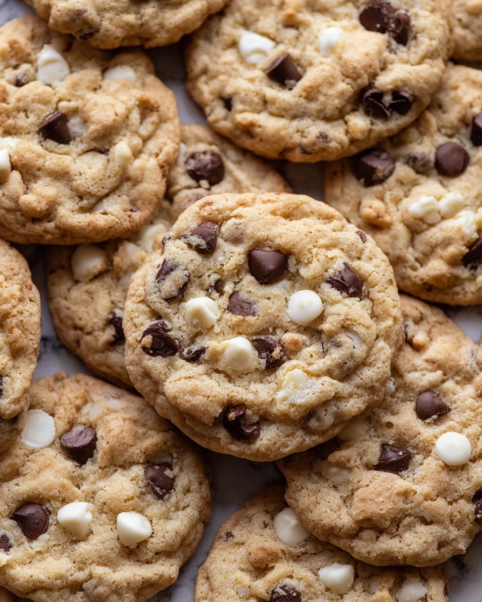 The image shows a close-up of many round cookies stacked together, each cookie with a light golden brown color and a rough texture. The cookies have small dark brown chocolate chips and white chips scattered across their surfaces, creating a spotted pattern. The cookies appear soft with some visible cracks and slight unevenness, indicating a chewy texture. The background is a white marbled surface. photo taken with an iphone --ar 4:5 --v 7