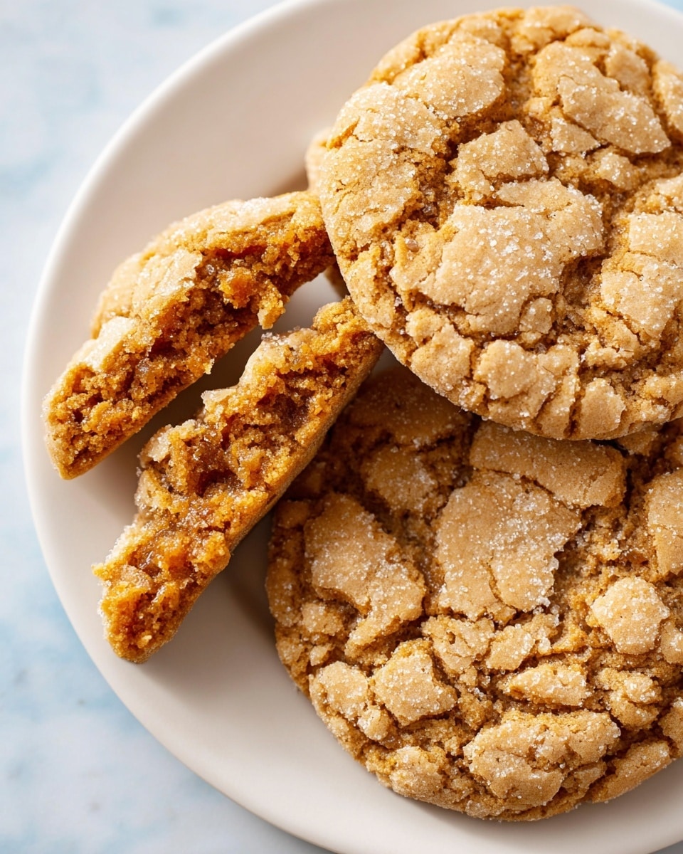 A close-up view of three large cookies on a white plate, two whole cookies and one broken into two pieces. The cookies have a cracked, rough texture with a light golden brown color, and sugary crystals sparkling on the surface. The inside of the broken cookie shows a slightly darker, soft center with a chewy appearance. The plate is set on a white marbled surface. photo taken with an iphone --ar 4:5 --v 7