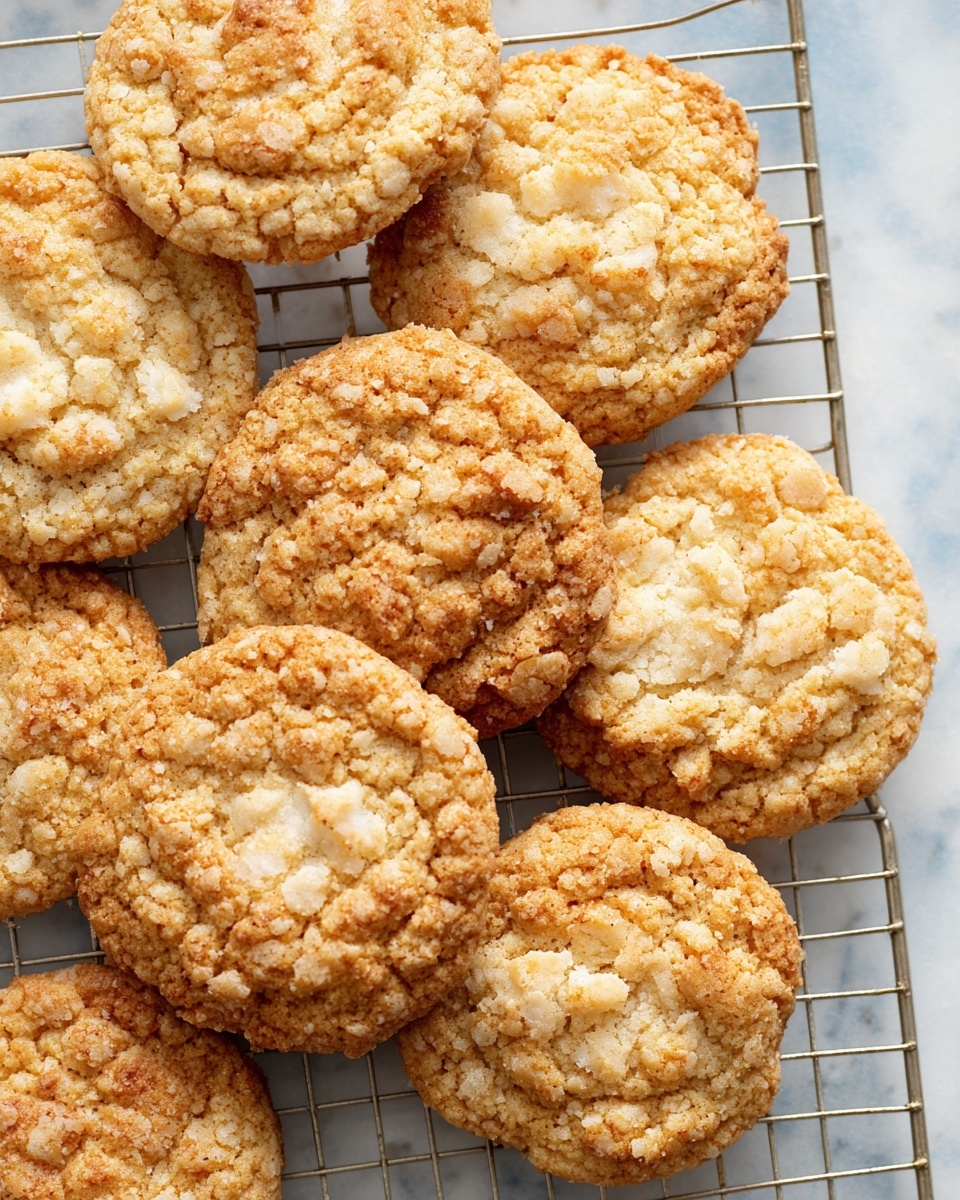 A group of ten light golden-brown cookies with crumbly, cracked tops and slightly rough textures are arranged closely on a metal cooling rack. The cookies have uneven, puffy surfaces with a mix of smooth and grainy areas, showing a warm, baked color with hints of lighter, almost white patches on top. The rack sits on a white marbled surface, highlighting the soft contrast between the cookies and the background. photo taken with an iphone --ar 4:5 --v 7