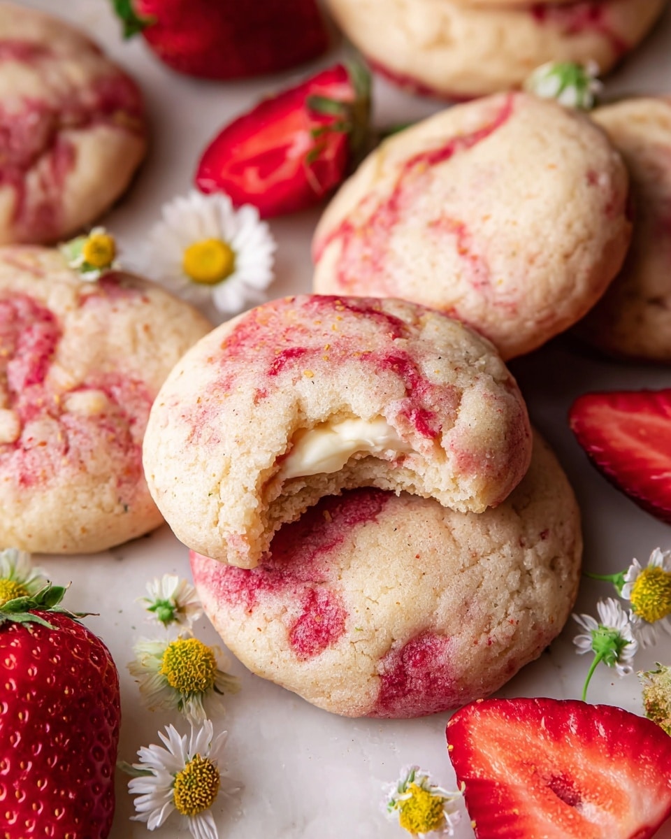 A close-up of a pile of soft, round cookies with a light beige color mixed with pink and red swirls throughout, showing a texture that looks soft and slightly crumbly. One cookie on top has a bite taken out of it, revealing a white creamy filling inside. Around the cookies, there are whole and sliced bright red strawberries along with small white and yellow flowers, all resting on a white marbled surface. photo taken with an iphone --ar 4:5 --v 7