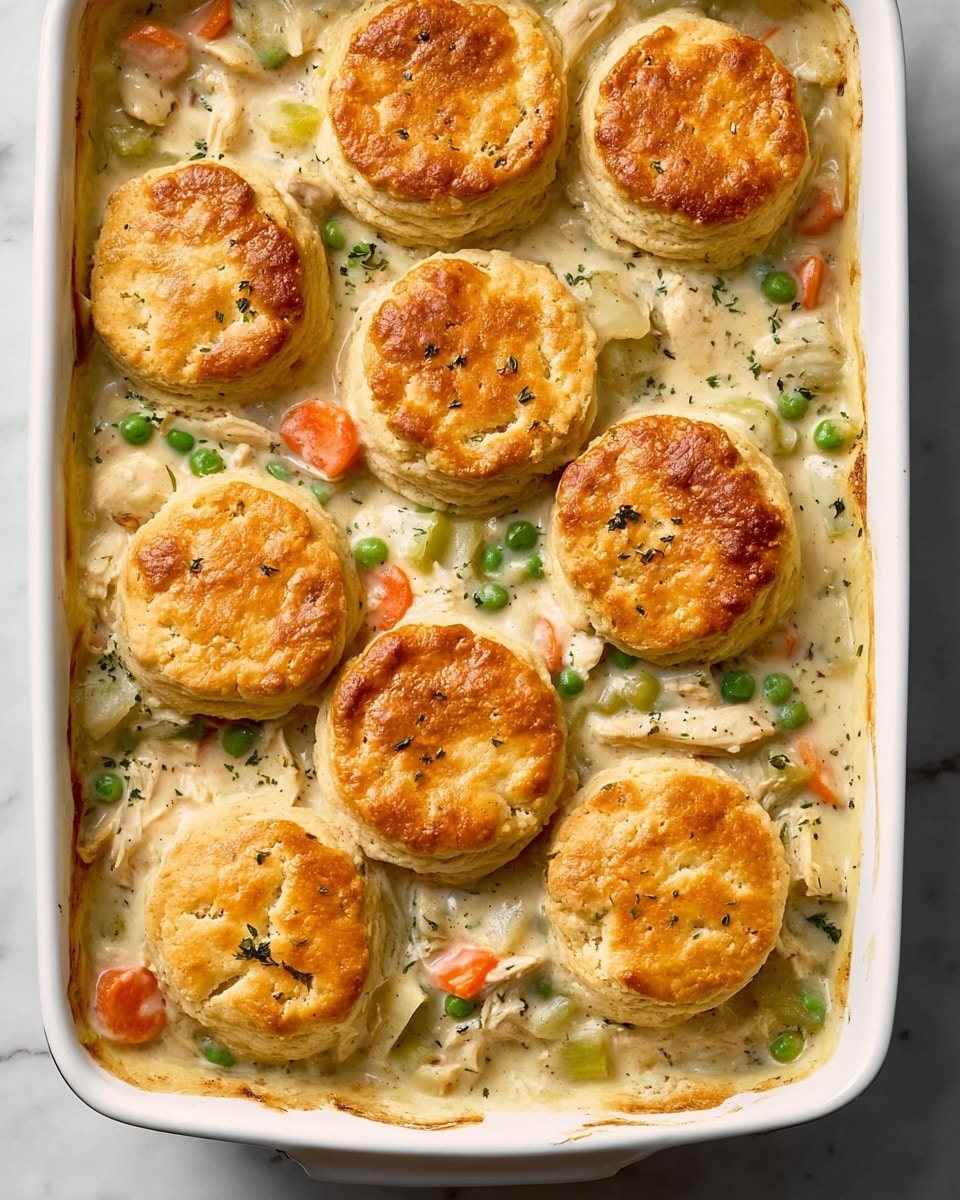 This image shows a white rectangular baking dish filled with a creamy chicken stew layered with vegetables like orange carrot slices, green peas, and light green celery pieces. On top, there are seven round, golden brown biscuits, each with a slightly crispy texture and a soft, fluffy middle. The biscuits are unevenly spaced, resting on the creamy stew with herbs sprinkled lightly throughout. The creamy stew below has chunks of white chicken meat mixed with the colorful vegetables, creating a rich, comforting look. The baking dish is set on a white marbled surface. photo taken with an iphone --ar 4:5 --v 7