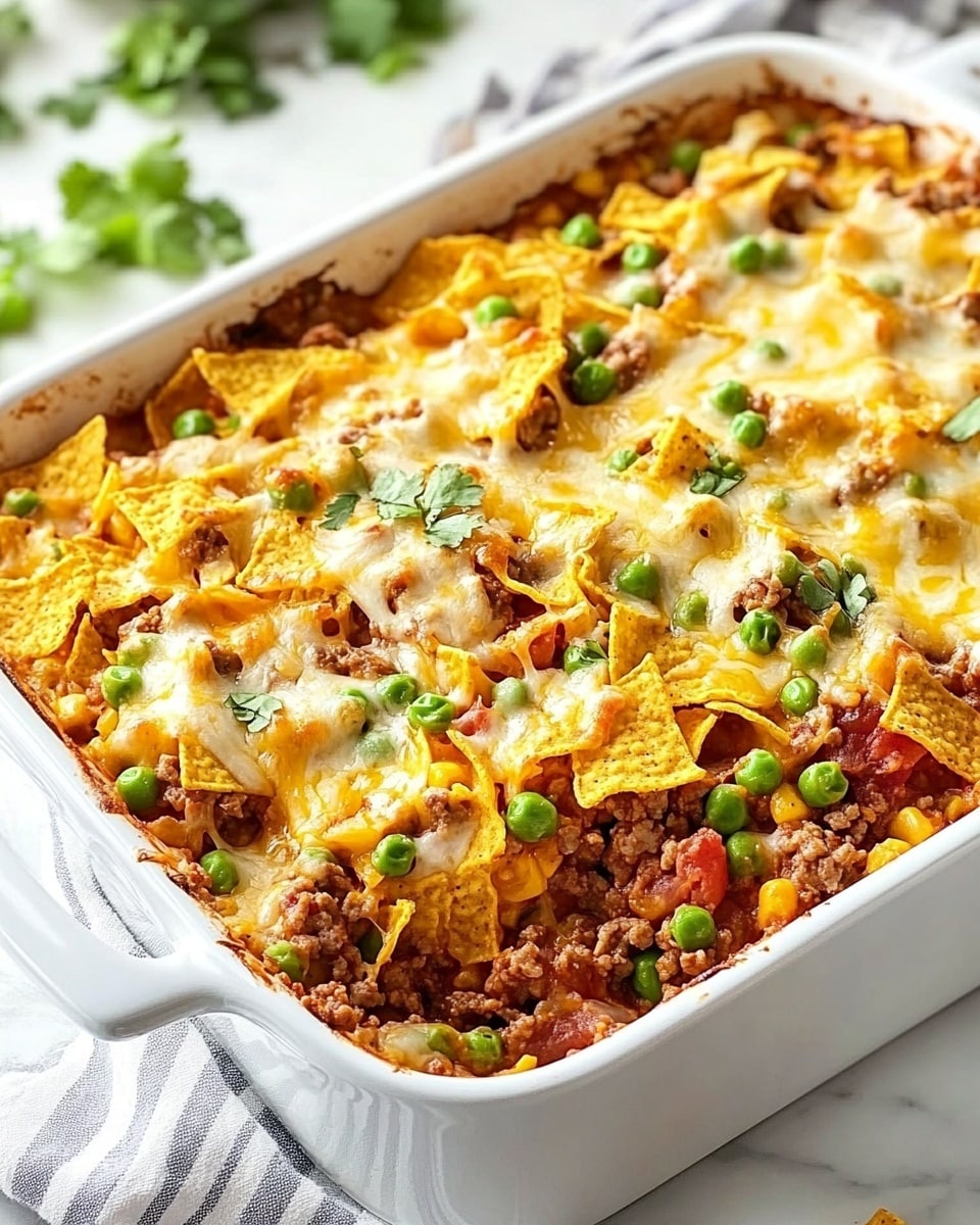A white rectangular baking dish filled with a layered casserole showing at least three layers: a base of crushed chip-like yellow tortilla pieces, topped with a thick layer of browned ground meat mixed with diced red tomatoes, and covered with melted yellow and light brown cheese sprinkled with small bright green sliced scallions spread evenly on top. In the background, there are two white bowls, one with more scallions and the other with more ground meat, all set on a white marbled surface with a black and white striped cloth nearby. Photo taken with an iphone --ar 4:5 --v 7