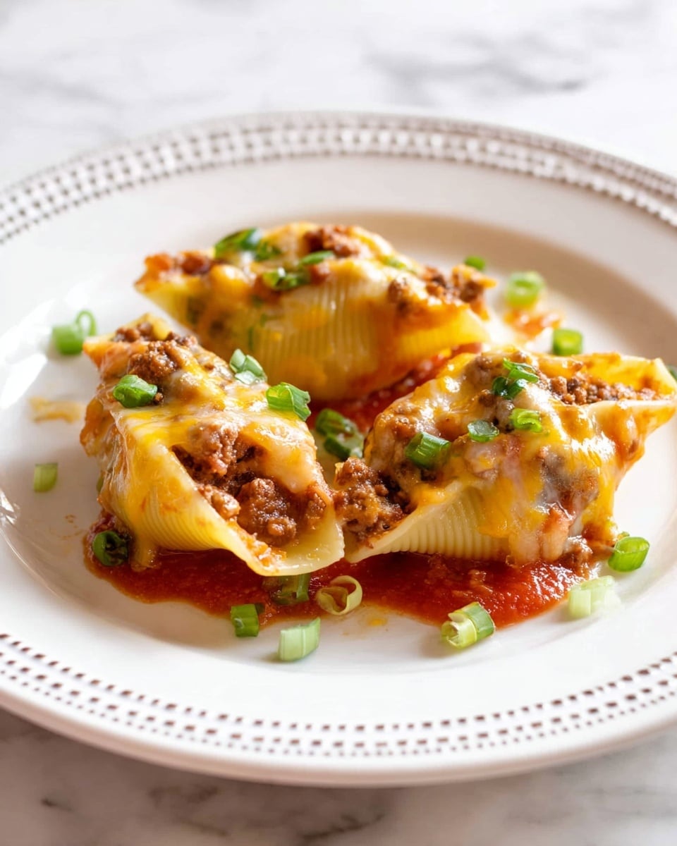 Three stuffed pasta shells sit on a white plate with a dotted border, each shell filled with a brown meat mixture and topped with melted light yellow and orange cheese. The shells rest on a small layer of chunky red tomato sauce, scattered with small, bright green chopped scallions that add a fresh touch of color. The cheese appears slightly melted and glossy, while the sauce underneath offers a textured base. The background is a white marbled surface. photo taken with an iphone --ar 4:5 --v 7
