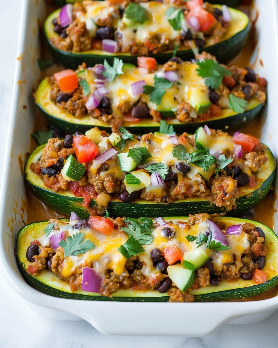 The image shows four stuffed zucchini boats placed side by side in a white baking dish on a white marbled surface. Each zucchini half forms the base layer, bright green on the outside with a pale green inside, hollowed out to hold the filling. The next layer is a mix of seasoned cooked ground meat and black beans, giving a chunky and textured look with brown and dark purple colors. On top, melted cheese with a golden yellow shade covers parts of the filling. The dish is garnished with small diced red tomatoes, chopped purple onions, and fresh green cilantro leaves scattered evenly over each zucchini boat, adding vibrant color and freshness to the visual. Photo taken with an iphone --ar 4:5 --v 7