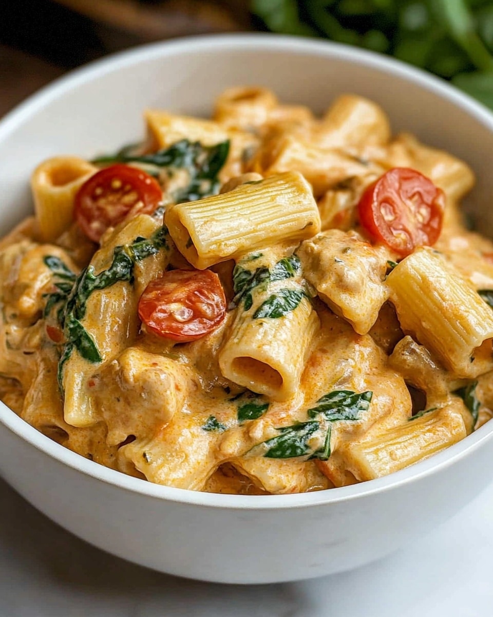 A white bowl filled with creamy pasta showing about three layers of rigatoni pasta covered in a thick, orange-colored sauce. Scattered throughout are small red cherry tomato halves and wilted dark green spinach leaves, mixed evenly with the pasta. Small pieces of light brown shrimp are visible, and the dish is topped with finely chopped green herbs. The bowl sits on a round wooden board over a white marbled surface. Photo taken with an iphone --ar 4:5 --v 7