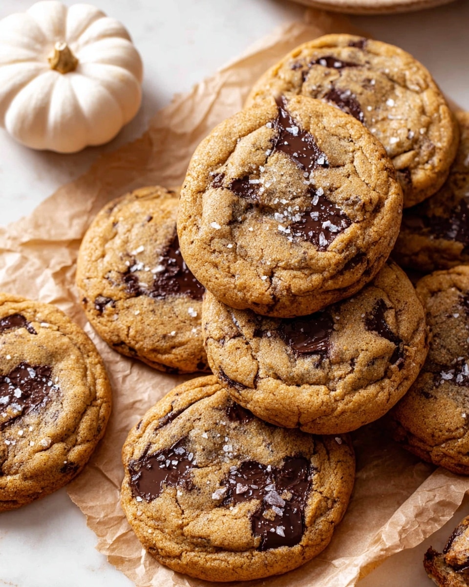 A close-up view of a single chocolate chip cookie with a bite taken out of it, showing a soft, golden brown texture with dark melted chocolate chunks spread unevenly across its surface; the cookie is slightly cracked with some flaky salt crystals sprinkled on top, resting on crinkled light brown parchment paper, with another similar cookie partially visible in the background along a white marbled texture. photo taken with an iphone --ar 4:5 --v 7