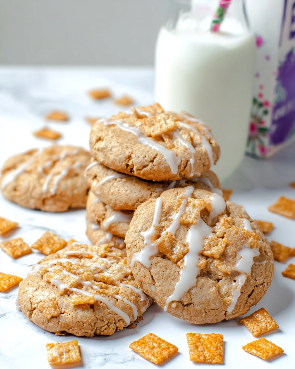 The image shows five round cookies with a rough texture, light brown color, and small crunchy cereal pieces embedded throughout each cookie. White icing is drizzled over the top of all the cookies in thin, uneven lines. Around the cookies are scattered square-shaped cereal pieces in an orange hue. In the background, there is a white carton of milk with a floral-patterned straw sticking out of the top, all placed on a white marbled surface. Photo taken with an iphone --ar 4:5 --v 7