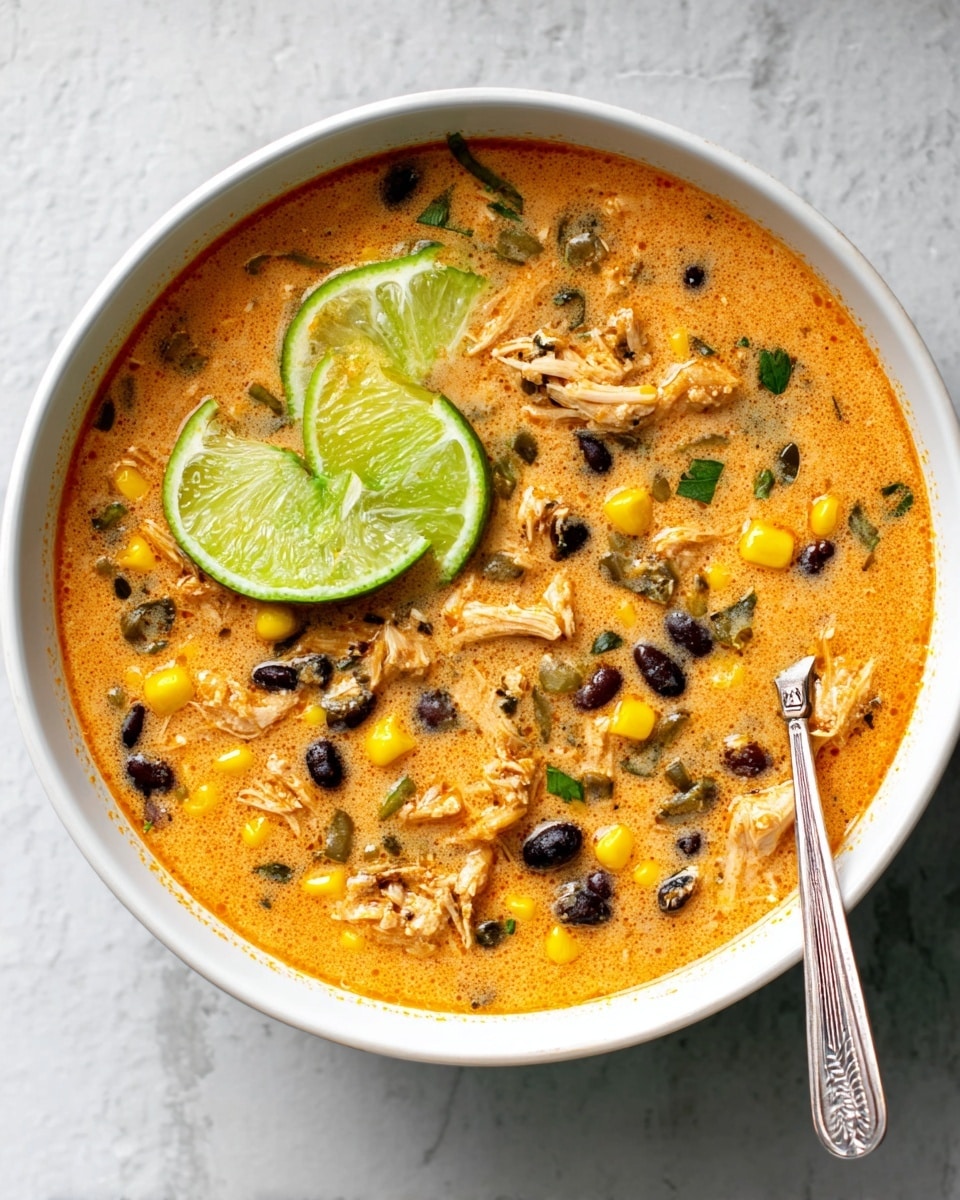 A white bowl filled with creamy orange soup, showing visible chunks of shredded light-colored chicken, small yellow corn kernels, black beans, and pieces of green pepper spread throughout. On top, there are three bright green lime wedges placed near fresh cilantro leaves with a deep green color. A rustic silver spoon is resting inside the bowl on the left side. The bowl sits on a white marbled surface, adding texture and brightness to the scene. photo taken with an iphone --ar 4:5 --v 7