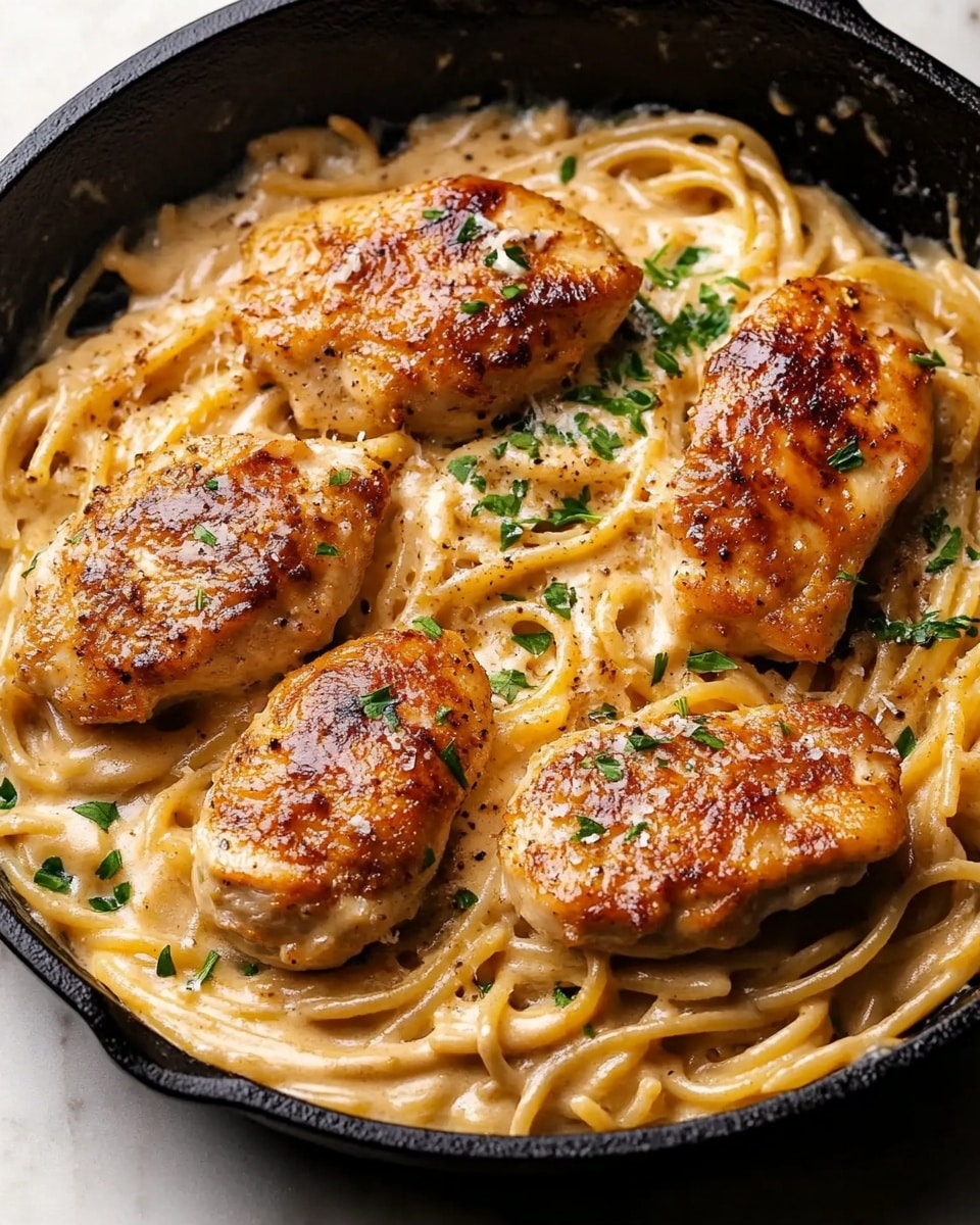 A close-up view of four pieces of golden brown cooked chicken on top of creamy, thick spaghetti noodles mixed with sauce, both coated in a light beige creamy sauce with green herb bits sprinkled over the chicken pieces. The dish is in a black pan, and the chicken has a slightly crisp texture with some browned spots, while the noodles look soft and well-coated with the sauce. photo taken with an iphone --ar 4:5 --v 7