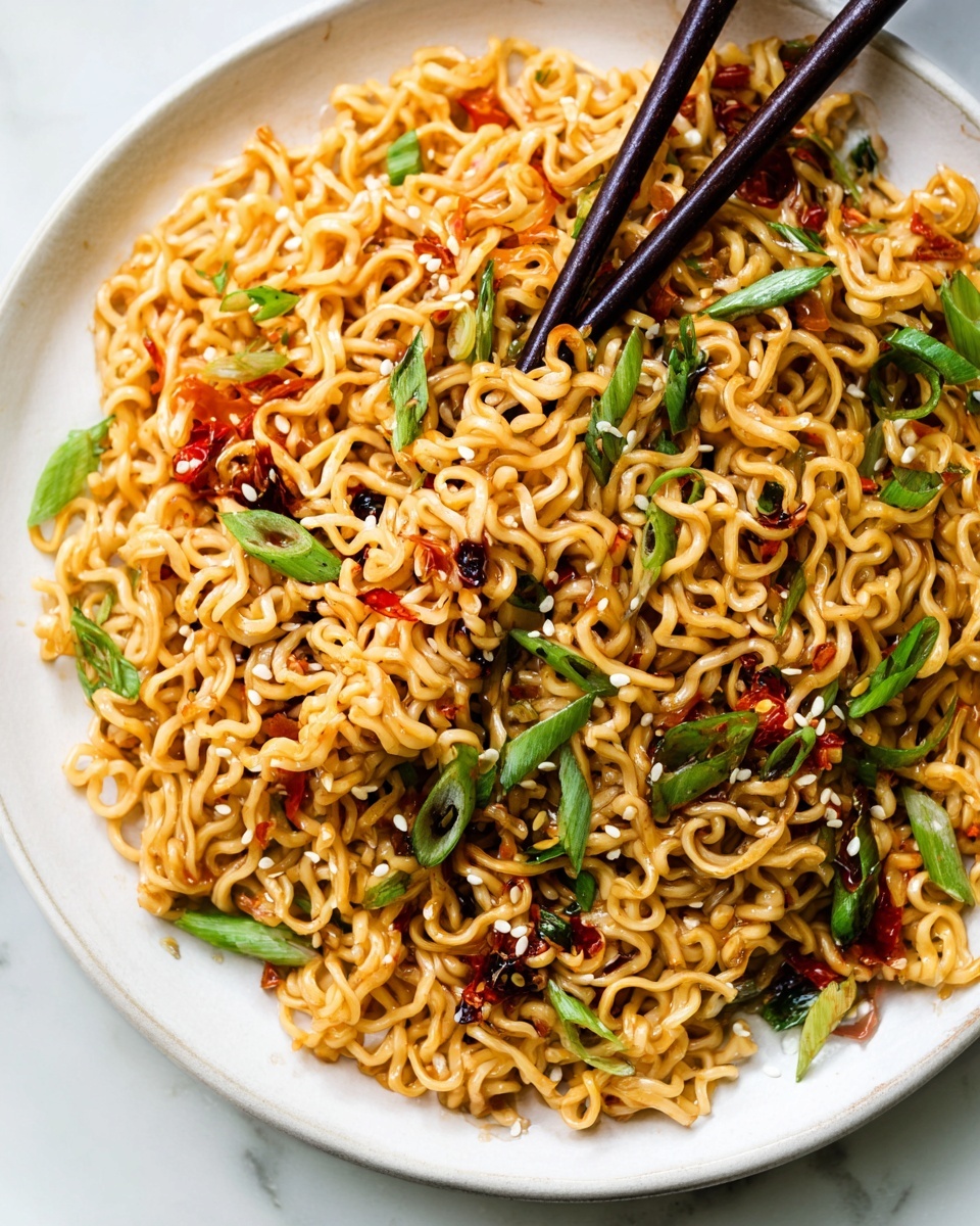 A large white round plate filled with a single layer of cooked curly ramen noodles that are golden brown in color and mixed with a dark soy sauce glaze. Scattered across the noodles are bright green slices of fresh scallions placed on top, along with small orange-red dots of chili sauce adding pops of color. Tiny white sesame seeds are sprinkled evenly over the noodles, giving a slight texture contrast. The plate is set on a white marbled surface. photo taken with an iphone --ar 4:5 --v 7