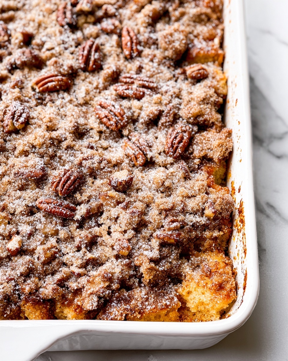 A square piece of layered dessert sits on a white plate with brown speckles, the bottom layer soft and light yellow, topped with a crumbly, textured layer of darker brown nuts and crumbles. The dessert is covered with a drizzle of glossy amber syrup pooling slightly on the plate, with a single pecan visible on top. A silver fork rests on the plate’s edge, and the setting is placed on a surface with a white marbled texture. photo taken with an iphone --ar 4:5 --v 7