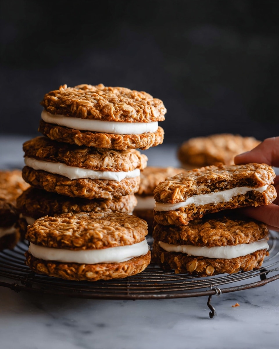 There is a pile of oatmeal sandwich cookies on a white wire cooling rack lined with white parchment paper. Each cookie sandwich has two thick, textured, golden-brown oatmeal cookies with a smooth, thick layer of creamy white filling in between. The cookies have a rough, bumpy surface with visible oats. The background is a white marbled surface. photo taken with an iphone --ar 4:5 --v 7