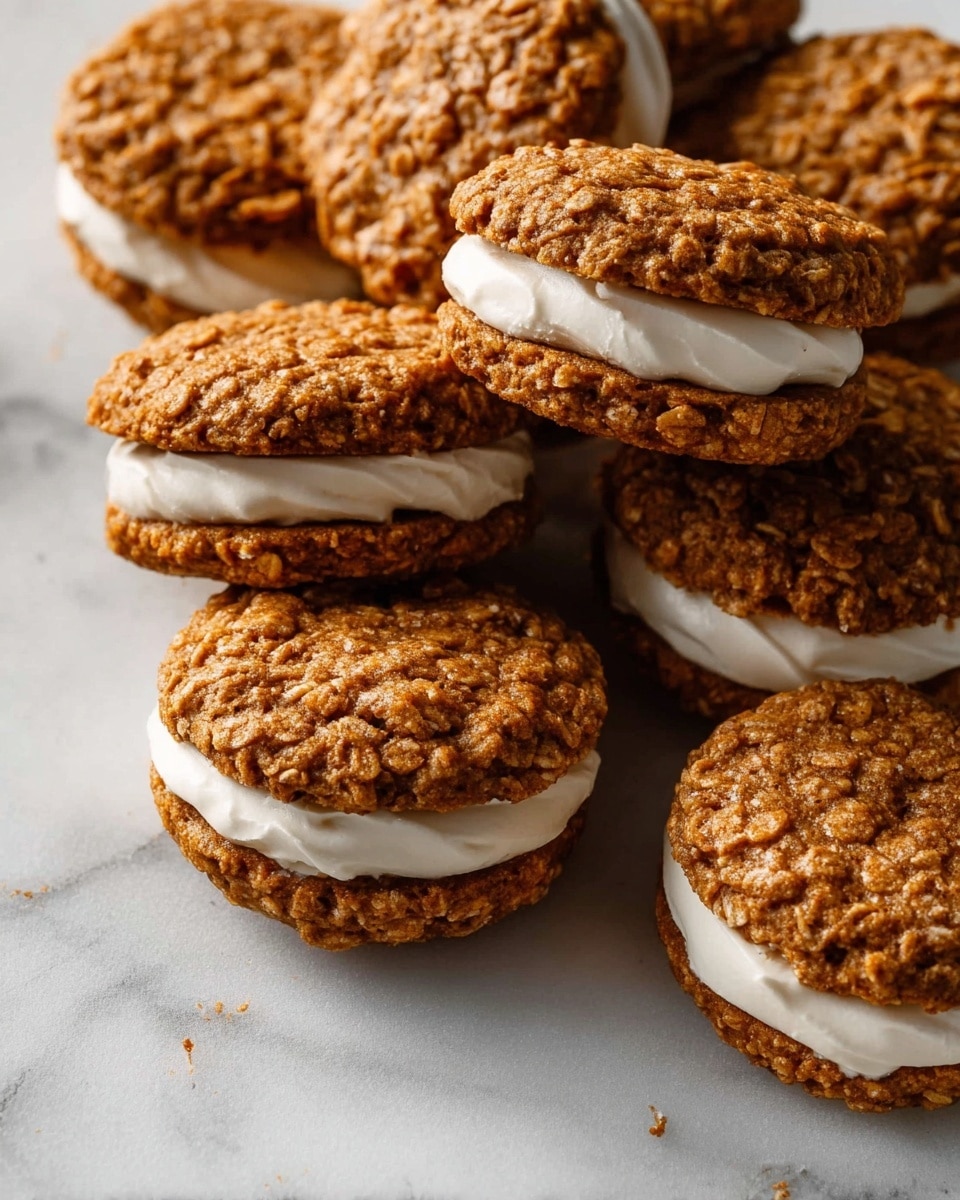 A pile of sandwich cookies is shown on a white marbled surface. Each cookie has two round, brown, rough-textured oatmeal layers filled with a thick, smooth, white cream layer in the middle. The oatmeal cookies look crumbly with visible oats throughout. The cookies are stacked close together, some facing up and some on their sides, showing the cream filling clearly. photo taken with an iphone --ar 4:5 --v 7