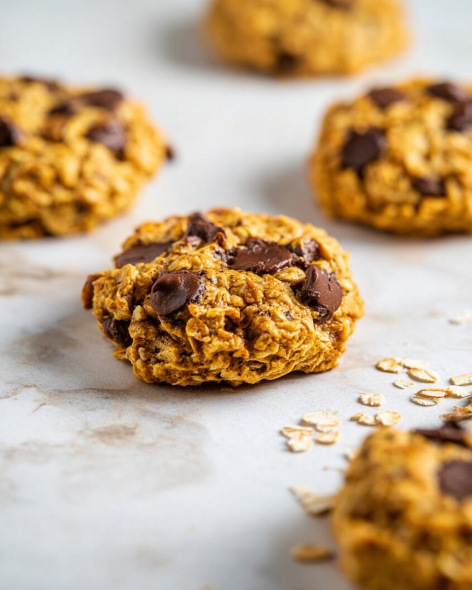 A stack of four round oat cookies with visible dark chocolate chips sits centered on a white marbled surface. Each cookie is thick, textured with oats, and light brown with scattered chocolate chips embedded in the rough surface. The top cookie slightly leans to the side, showing its chunky, crumbly texture. Parts of two more cookies appear blurred on the left and right sides, adding depth. The background is clean and bright with a soft white tone. Photo taken with an iphone --ar 4:5 --v 7