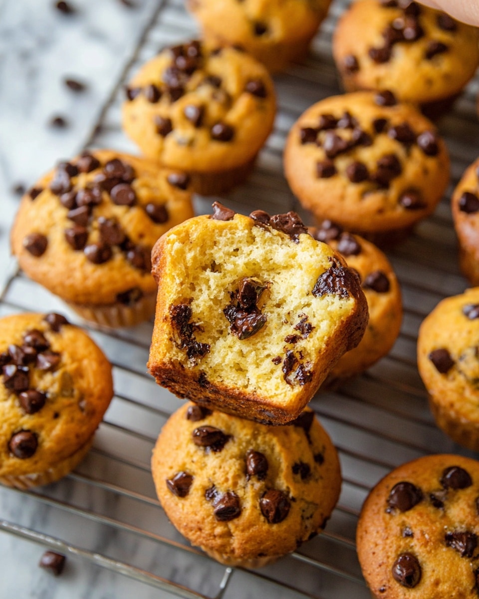 The image shows a close-up of a golden brown muffin broken open to reveal its soft, light yellow inside filled with dark chocolate chunks that create a rough texture inside. The outside of the muffin is smooth with small chocolate chips visible on the top. Behind it, several whole muffins with similar golden tops and scattered chocolate chips are slightly out of focus. All muffins sit on a silver wire cooling rack, which rests on a white marbled surface. The background is softly blurred, putting full attention on the muffin texture and chocolate pieces. Photo taken with an iphone --ar 4:5 --v 7