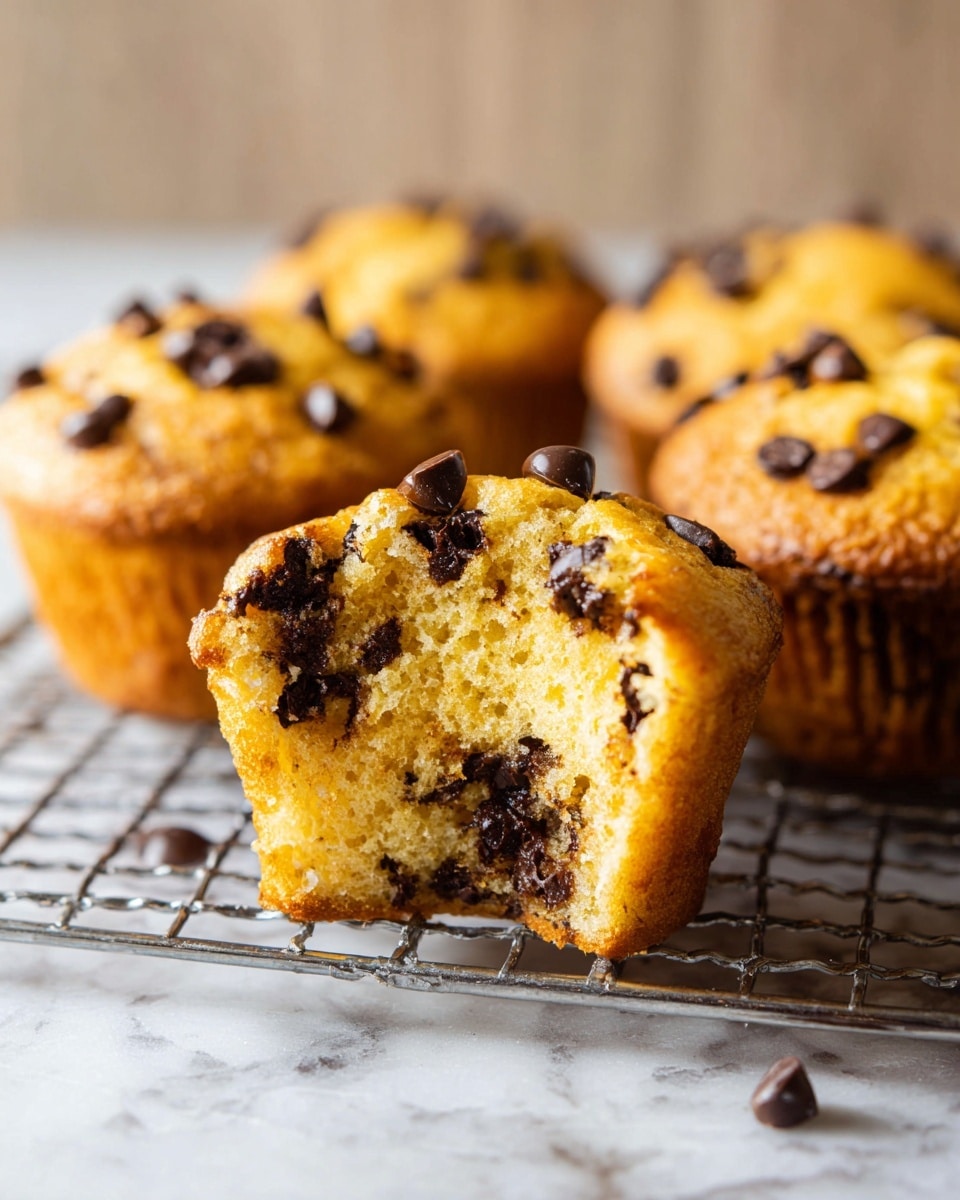 The image shows seven golden-brown muffins topped with many small, dark chocolate chips scattered across their rounded tops. The muffins have a soft, slightly bumpy texture with some visible chocolate chips embedded inside. They are placed on a silver cooling rack, with a small orange pumpkin partly visible in the background on a white marbled surface. One muffin at the bottom is broken in half, showing a light, fluffy inside with melted chocolate pieces. photo taken with an iphone --ar 4:5 --v 7
