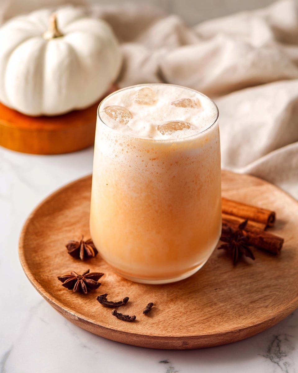 A clear glass filled with a creamy, light orange drink topped with a thick, frothy layer of foam that is slightly textured, sitting on a round white plate made of wood. The drink has visible ice cubes inside near the top, with the base layer being a smooth pale cream color and the upper part blending into a richer light orange shade. Next to the glass, there are brown star anise pieces and darker cloves scattered on the plate, and in the background, a white pumpkin and a small round wooden stand. The setting has a white marbled texture surface and soft, neutral cloth in the background, photo taken with an iphone --ar 4:5 --v 7