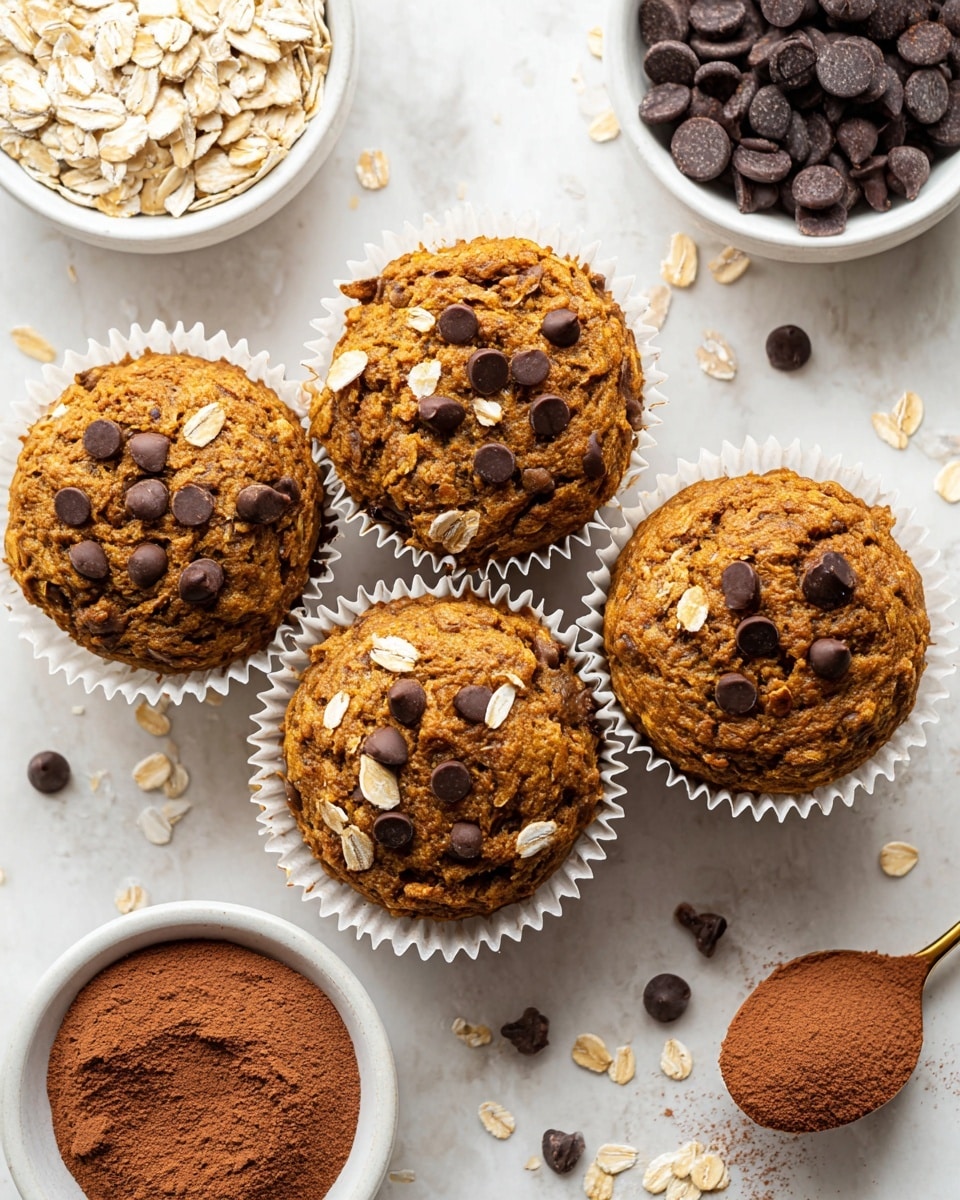 The image shows a close-up of a single muffin with a golden brown color, topped with small dark chocolate chips and light oat flakes scattered on the surface. The muffin is wrapped in a white paper liner with ridges, and the texture looks moist and soft with visible bits of chocolate inside the muffin. In the background, there are more blurred muffins, also in white paper liners, sitting on a white marbled surface with a few loose chocolate chips, oat flakes, and a cinnamon stick on the side. The lighting is soft and natural, highlighting the warm tones of the muffin. Photo taken with an iphone --ar 4:5 --v 7