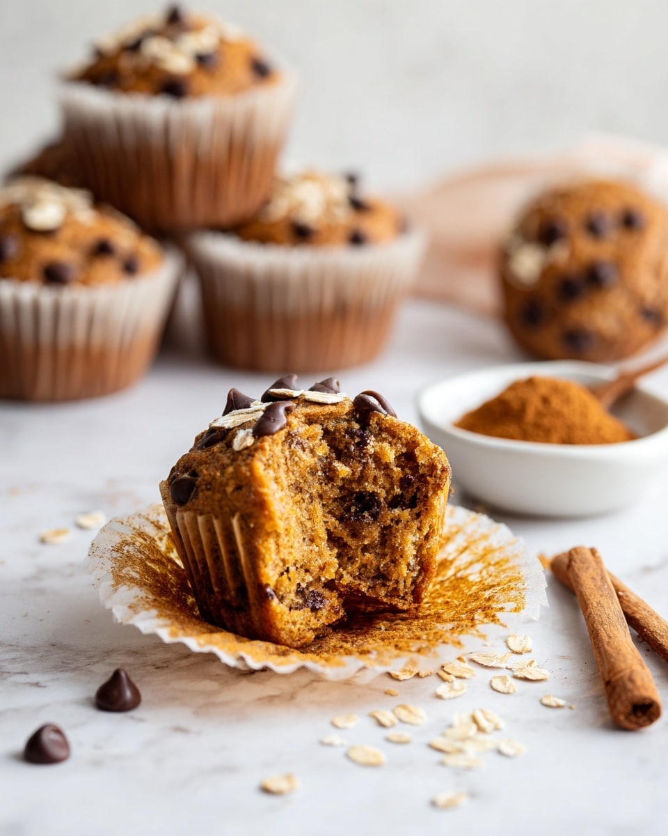 The image shows five golden-brown muffins in white paper cups, each topped with small dark chocolate chips and light oatmeal flakes scattered on top. The muffins have a rough, textured surface and are arranged closely on a white marbled surface. Around the muffins, there are three white bowls placed in the corners of the image. The top bowl contains light beige oats, the bottom right bowl is filled with dark chocolate chips, and the bottom left bowl has a pile of brown cocoa powder with a small gold spoon resting in it. Some loose oats and chocolate chips are scattered on the white marbled surface, adding a casual feel to the composition. The photo is taken with an iphone --ar 4:5 --v 7